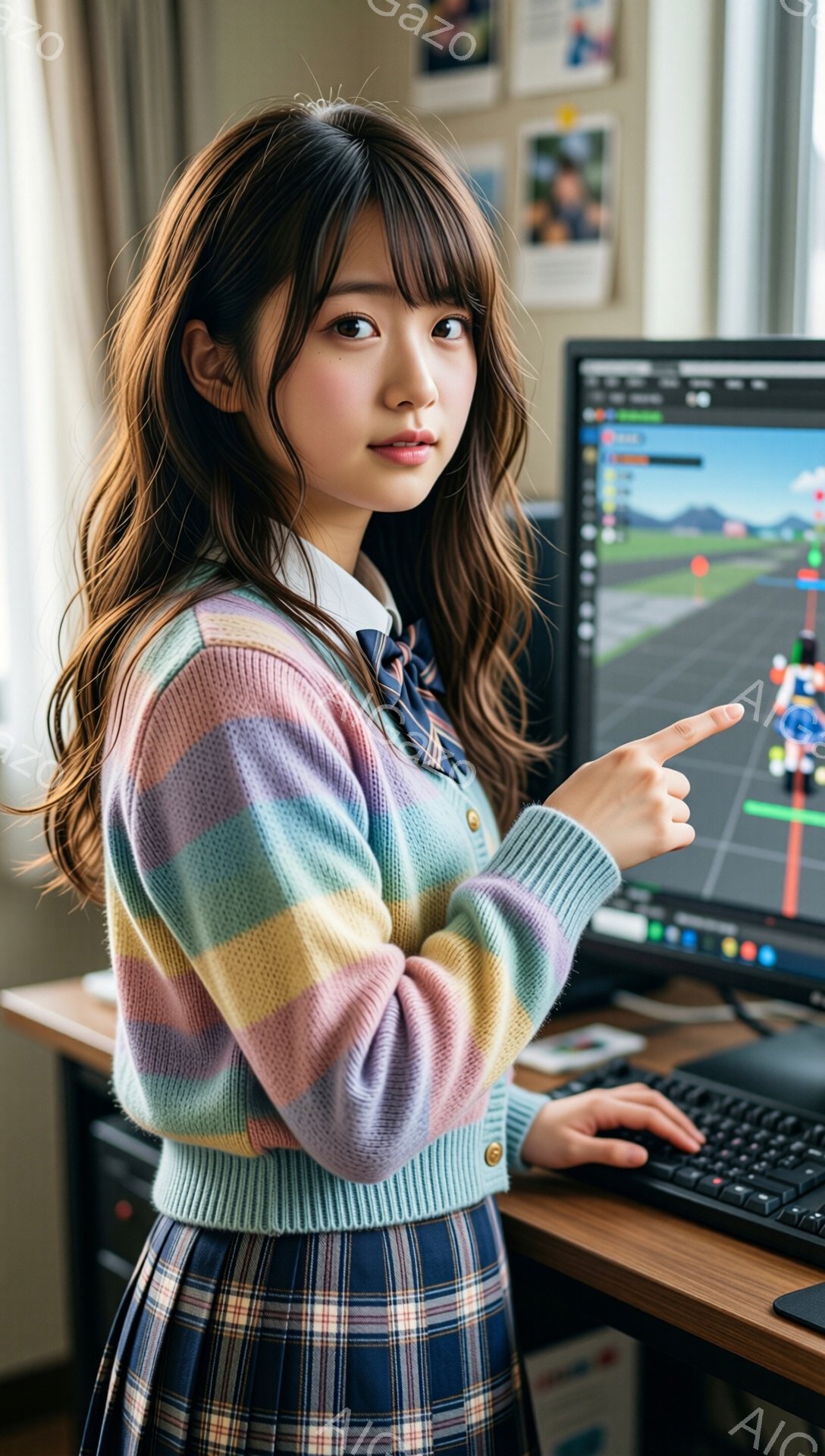 若い女性が、明るいパステルカラーのカーディガンとチェック柄のスカート、白いシャツという制服姿で映っています。彼女は右手を伸ばして、パソコンのモニターを指しており、少し微笑んだ表情でこちらを見ています。背景には、オフィスのような部屋の一角と、モニターに表示されているゲーム画面が見えます。