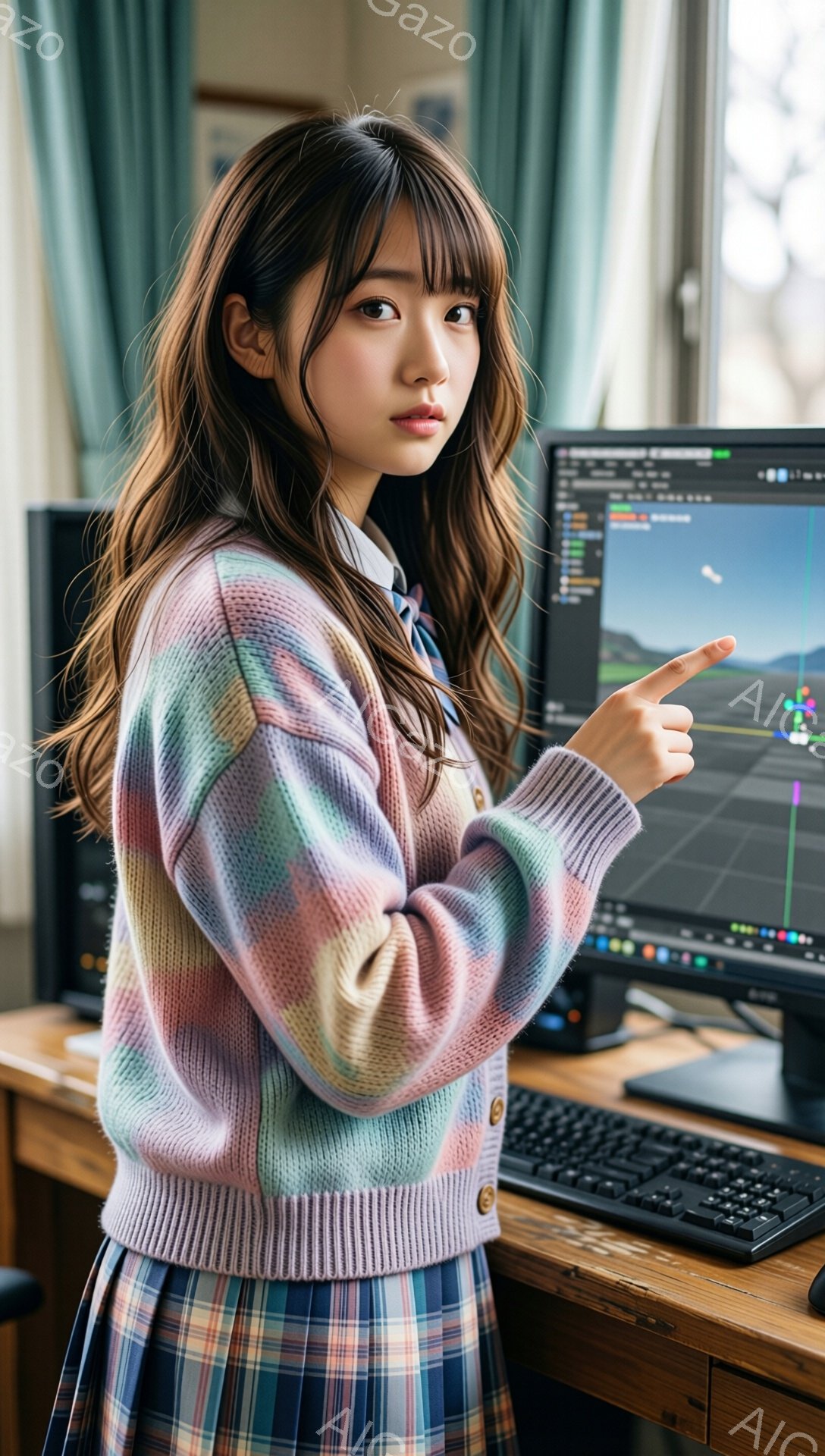 長い茶色の髪を肩まで伸ばした若い女性が、チェック柄のスカートとカラフルな編み物のカーディガンを着ています。彼女はパソコンの画面を指で指し示し、真剣な表情で何かを説明しているようです。背景には木製の机とモニター、そして淡い緑色のカーテンが見え、室内で作業している様子が伺えます。