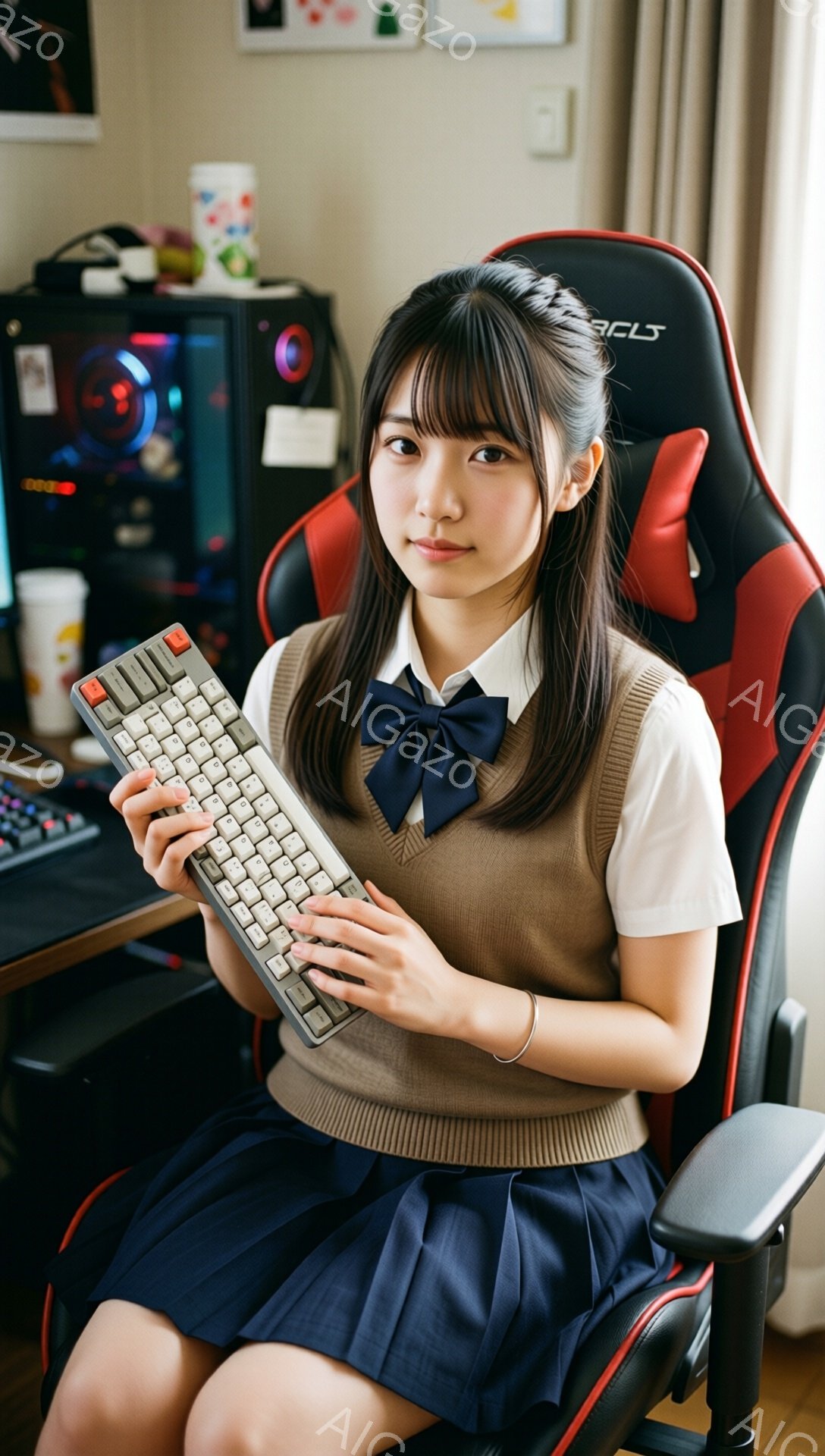 画像は、茶色のカーディガンと白いシャツ、そして紺色のプリーツスカートを着た若い女性が、グレーのキーボードを持って座っている様子を捉えています。彼女は微笑んでおり、髪は肩まで伸びていて、前髪が目にかかっています。背景には、ゲーミングチェア、コンピューター、そしていくつかの装飾が見え、室内であることがわかります。