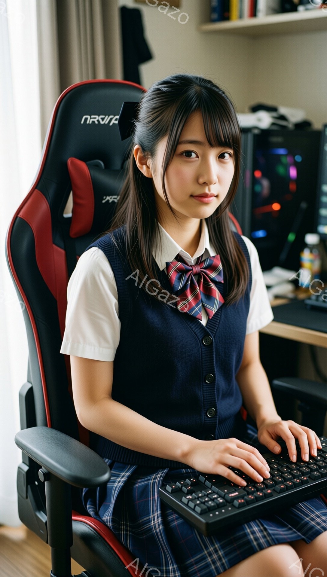画像は、紺色のセーラー服を着た若い女性が、ゲーミングチェアに座ってキーボードを操作している様子を捉えています。彼女は黒髪で、前髪を少しカールさせており、顔には穏やかな表情が浮かんでいます。背景には、モニターや本棚が見え、室内であること、そしてゲームや勉強をしている空間であることが分かります。