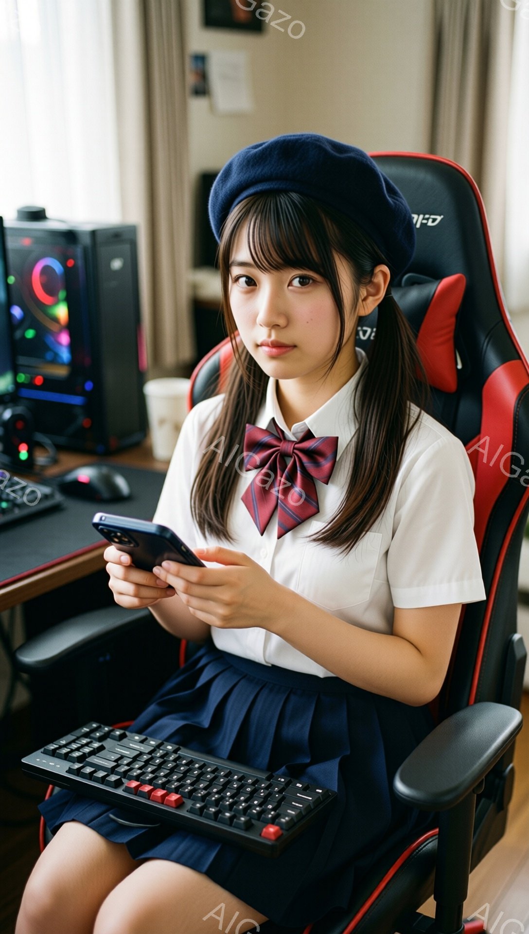 画像には、制服姿の若い女性がゲーム用チェアに座り、スマートフォンを手に持っている様子が写っています。彼女は紺色のベレー帽を被り、赤いリボンを締めた白いブラウスと紺色のスカートを着用し、少し微笑んでいる表情です。背景には、ゲーム用PCやキーボード、モニターなどがあり、ゲーミングルームの雰囲気が漂っています。