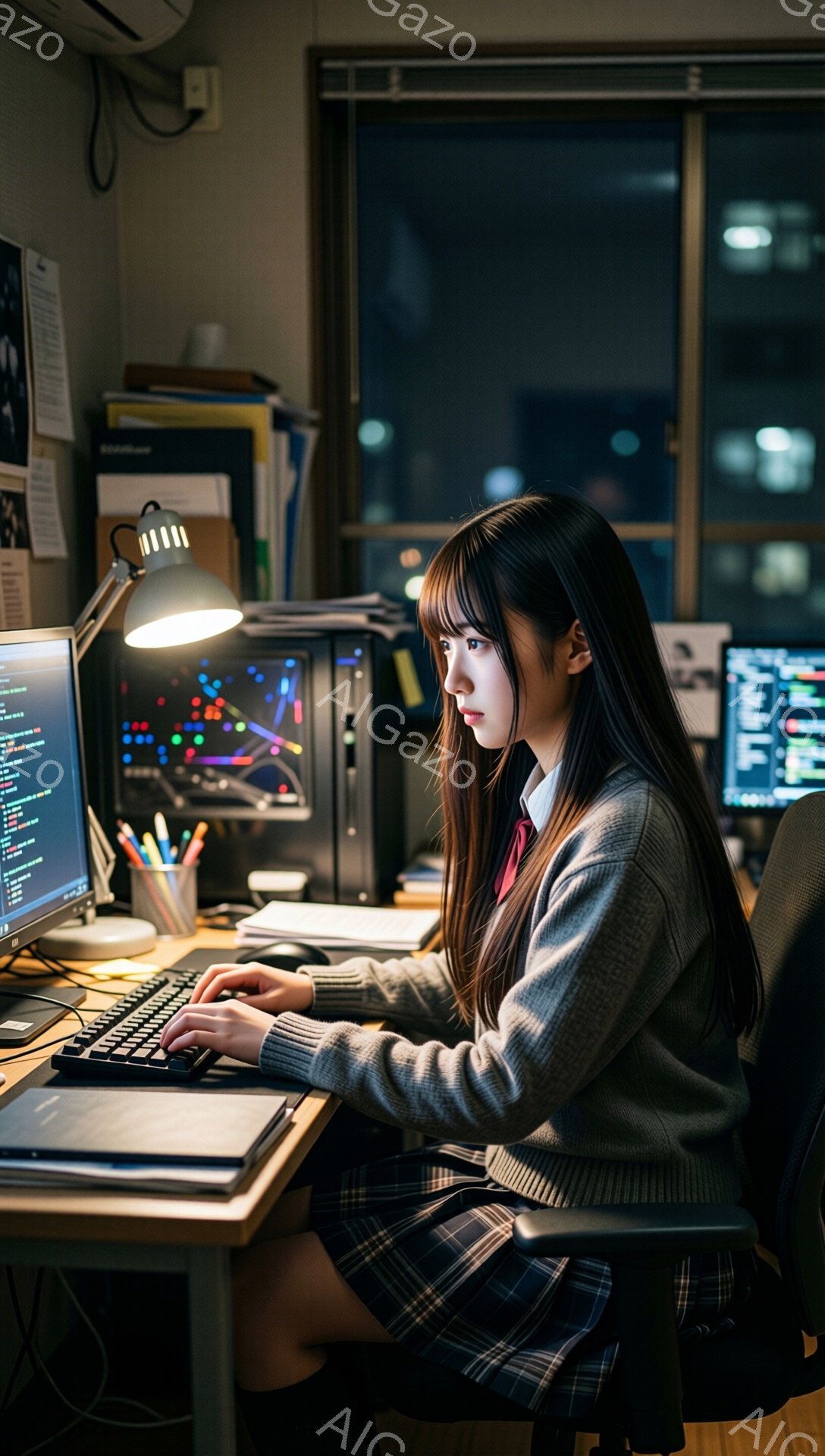 画面に向かってキーボードを操作する女子高生が写っている。グレーのセーターにチェックのスカート、ネクタイ姿で、長い黒髪は肩にかかっている。彼女は集中した表情でタイピングしており、背後にはパソコンや電子機器が並び、窓の外には夜景が見える。