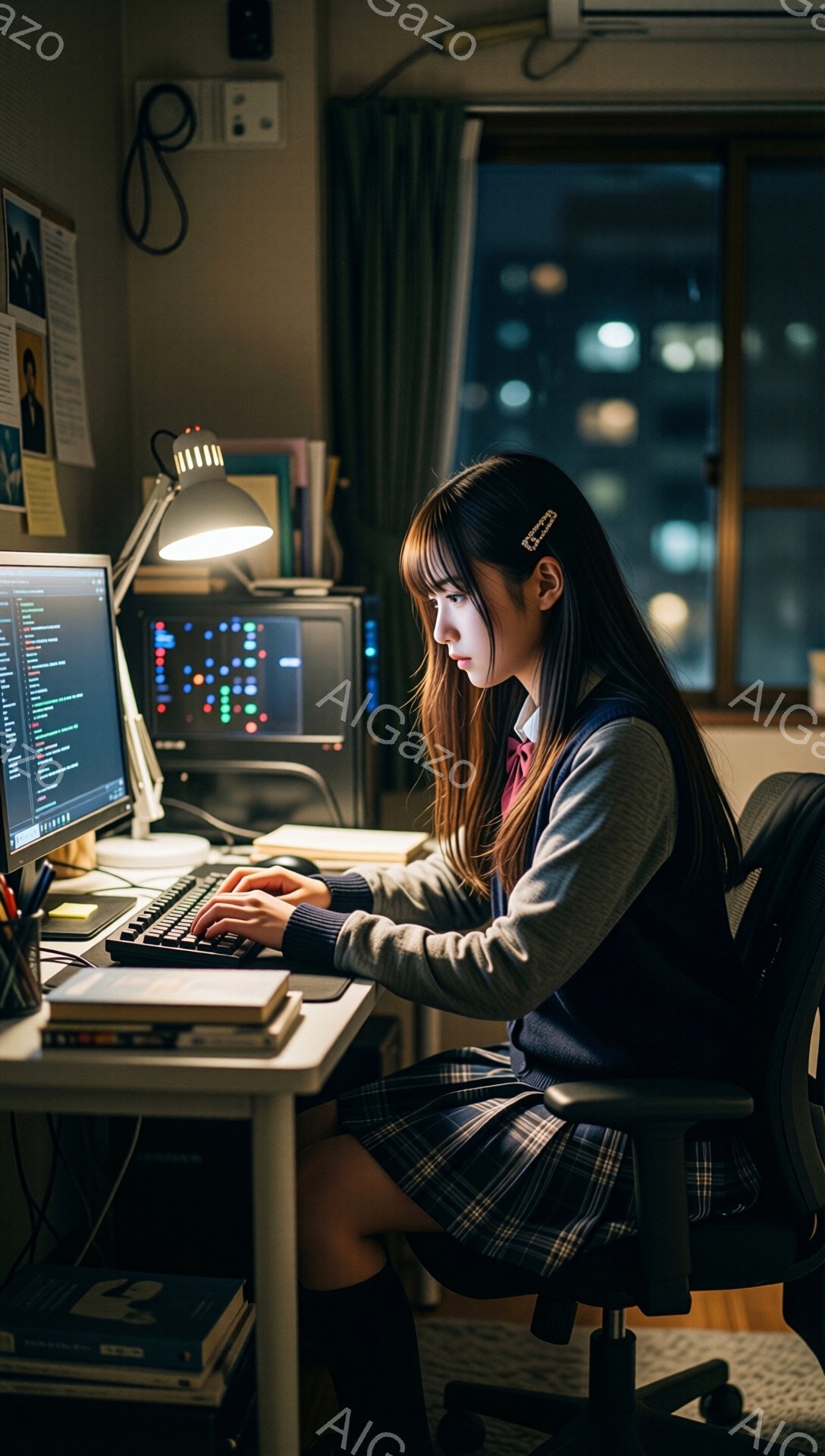 明るいデスクライトの下、女子学生がパソコンに向かって作業をしている。紺色のセーターとチェックのスカートを着ており、髪は後ろでまとめて、髪飾りをつけている。背景には都市の夜景が見え、室内は勉強や仕事に集中できる雰囲気である。