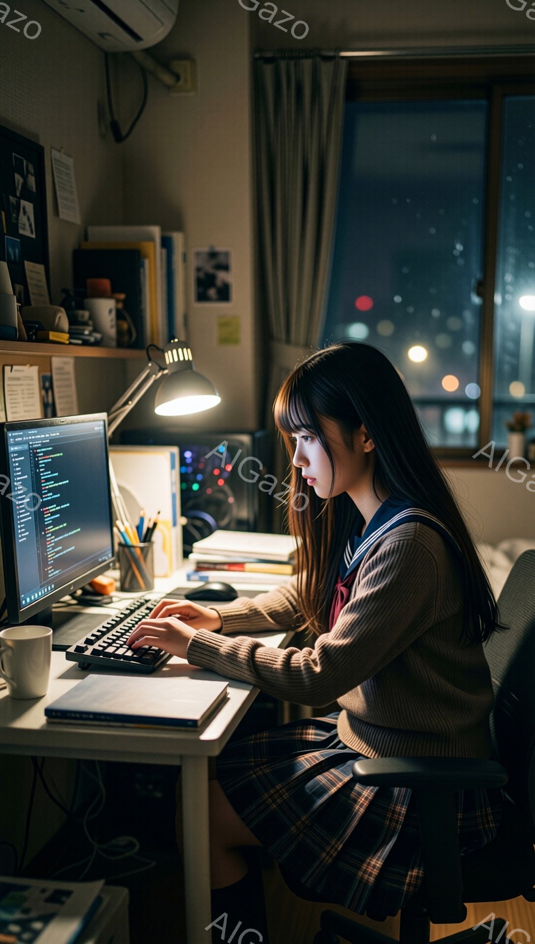 明るいデスクライトの下、女子高生がコンピューターに向かい、真剣な表情でキーボードを操作している。彼女はセーラー服姿で、長い黒髪は肩から背中にかけて自然に流れ、集中した眼差しで画面を見つめている。窓の外は夜景が広がり、室内には本や文房具が散らばり、勉学に励む真剣な雰囲気が漂っている。