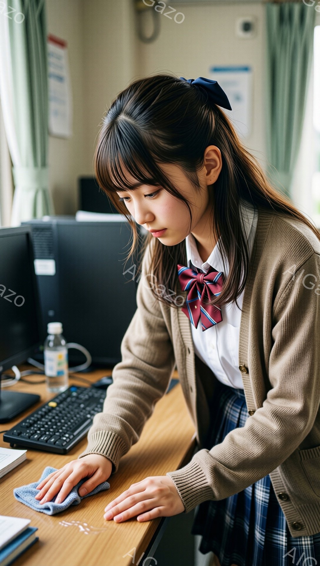 画像は、セーターを羽織り、チェックのスカートとリボンを身に着けた女子学生が、机を拭いている様子を捉えています。彼女は黒髪で、サイドにリボンをつけており、真剣な表情で作業に集中しています。背景にはコンピューターと本が置かれ、学校や教室のような雰囲気で、清潔さを保つための日常的な光景が伺えます。
