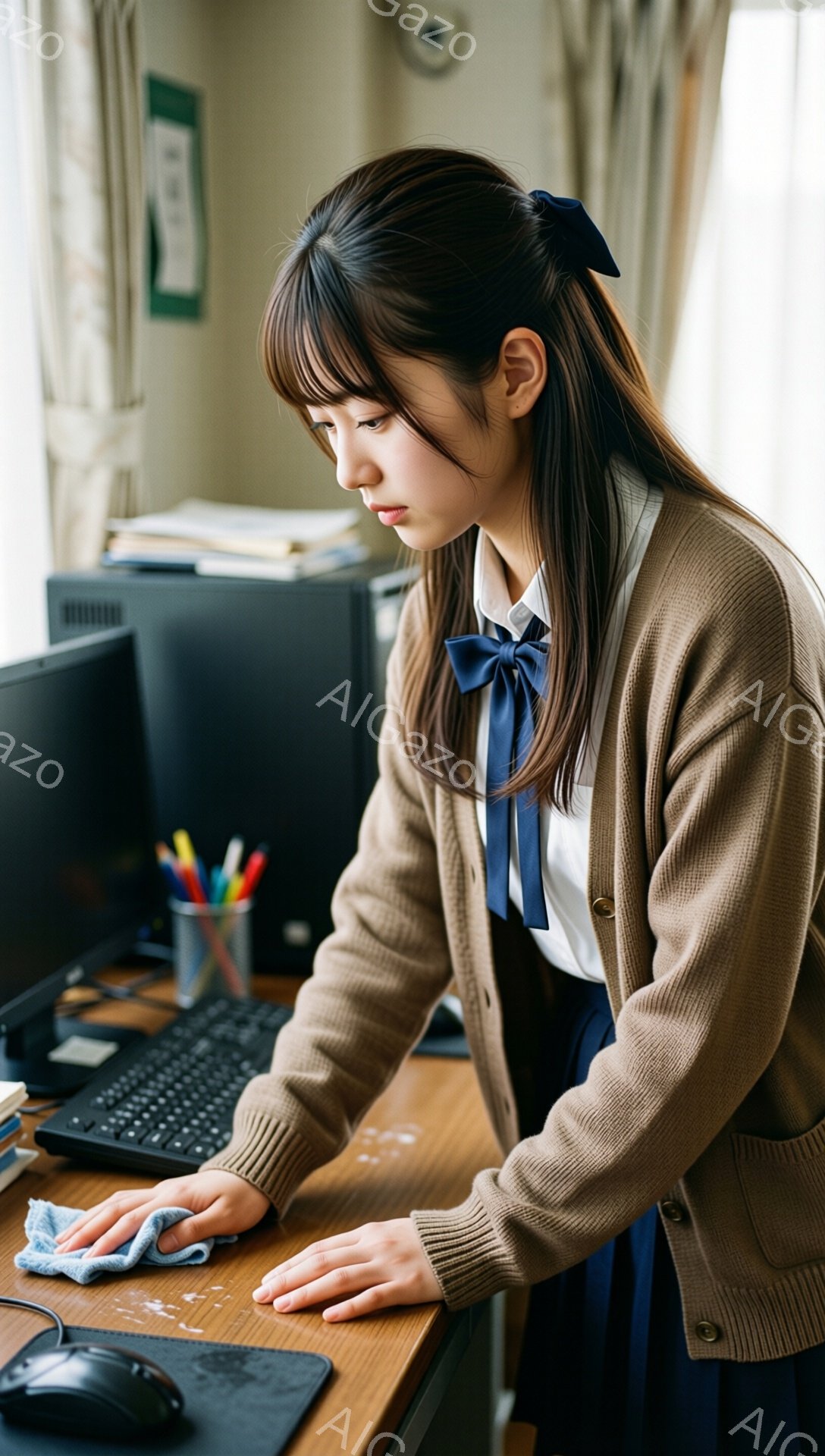 明るい室内で、女子高生が机を拭いています。ベージュのカーディガンにネイビーのリボンとスカートを身につけ、髪を後ろでまとめています。彼女は少しうつむき加減で、真剣な表情で作業に集中しています。
