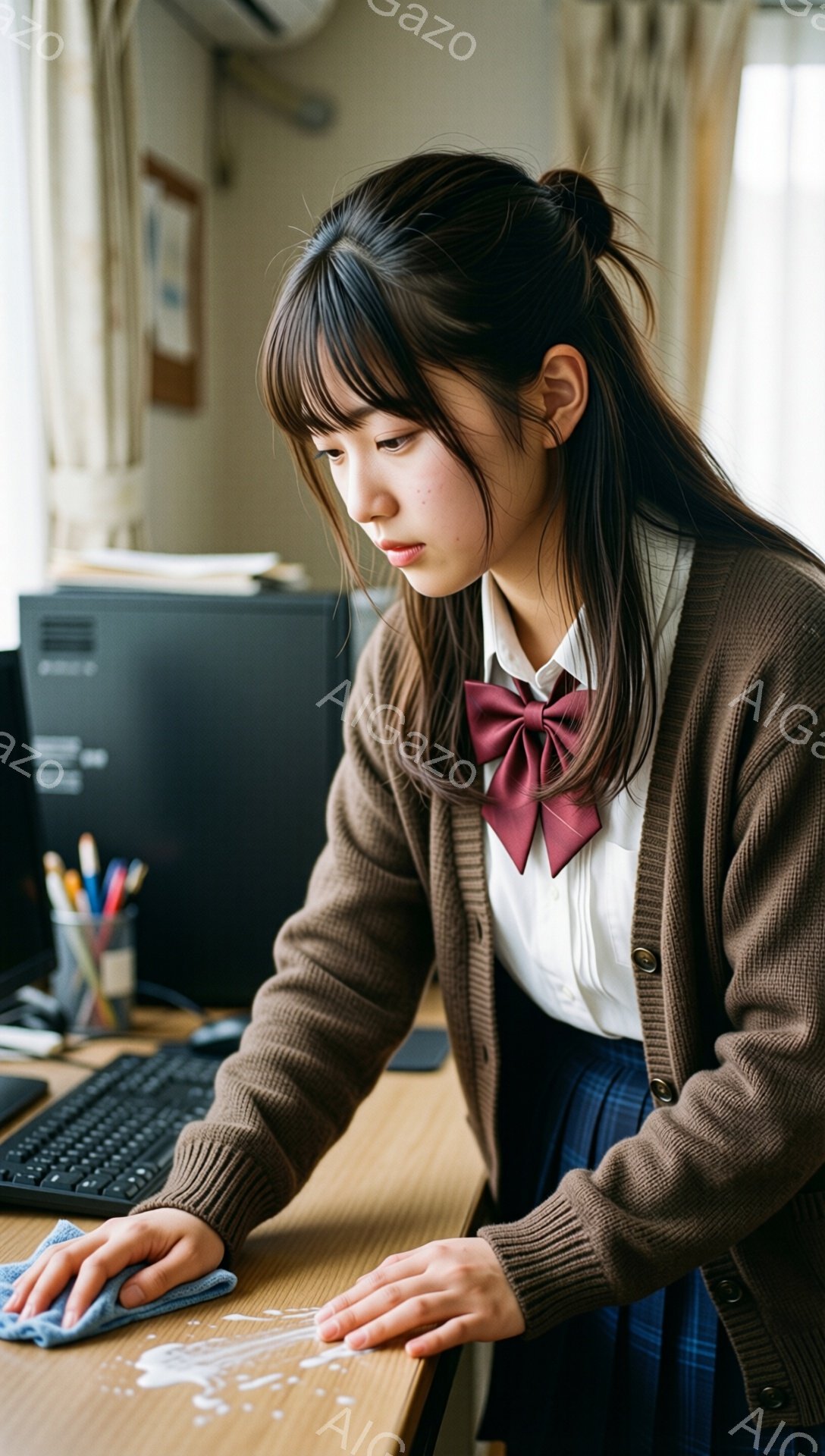 茶色のカーディガン、白いシャツ、赤いリボンとチェック柄のスカートを身につけた若い女性が、机の上を拭いています。彼女は少し眉をひそめ、真剣な表情で、こぼれたものの清掃に集中しています。背景にはコンピューター、筆記用具、そして明るい木製の机があり、全体的に落ち着いた、日常生活の一コマを切り取ったような雰囲気です。