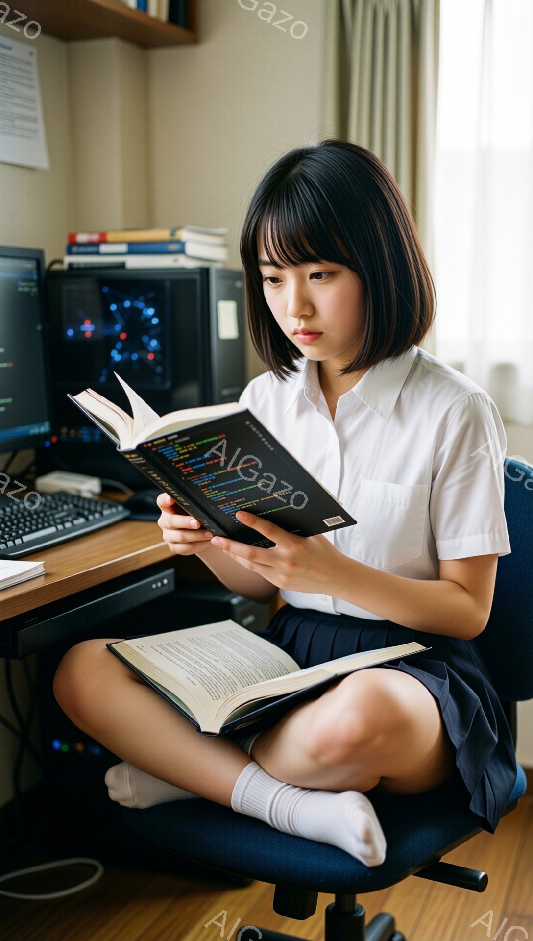 少女は椅子に座り、膝の上に開いた本を二冊載せて集中して読書をしている。彼女は白いシャツと紺色のスカートを着用し、前髪を少し長めに残した黒髪が印象的だ。背景にはコンピューターと本棚があり、部屋は暖色系の木製床で落ち着いた雰囲気を感じさせる。