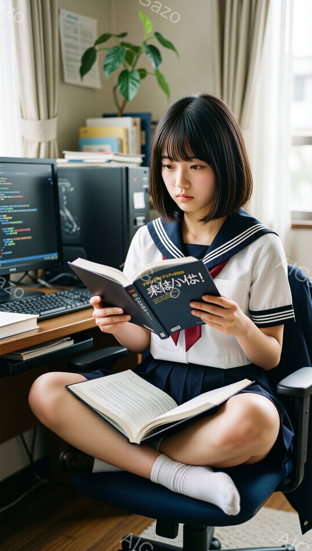 画像は、制服を着た若い女性が椅子に座って本を読んでいる様子を捉えています。彼女は膝を曲げ、足を組んでリラックスした姿勢で、真剣な表情で本のページを見つめています。背景には、パソコンや植物、本棚などが置かれた室内が写っており、落ち着いた学習環境を示唆しています。