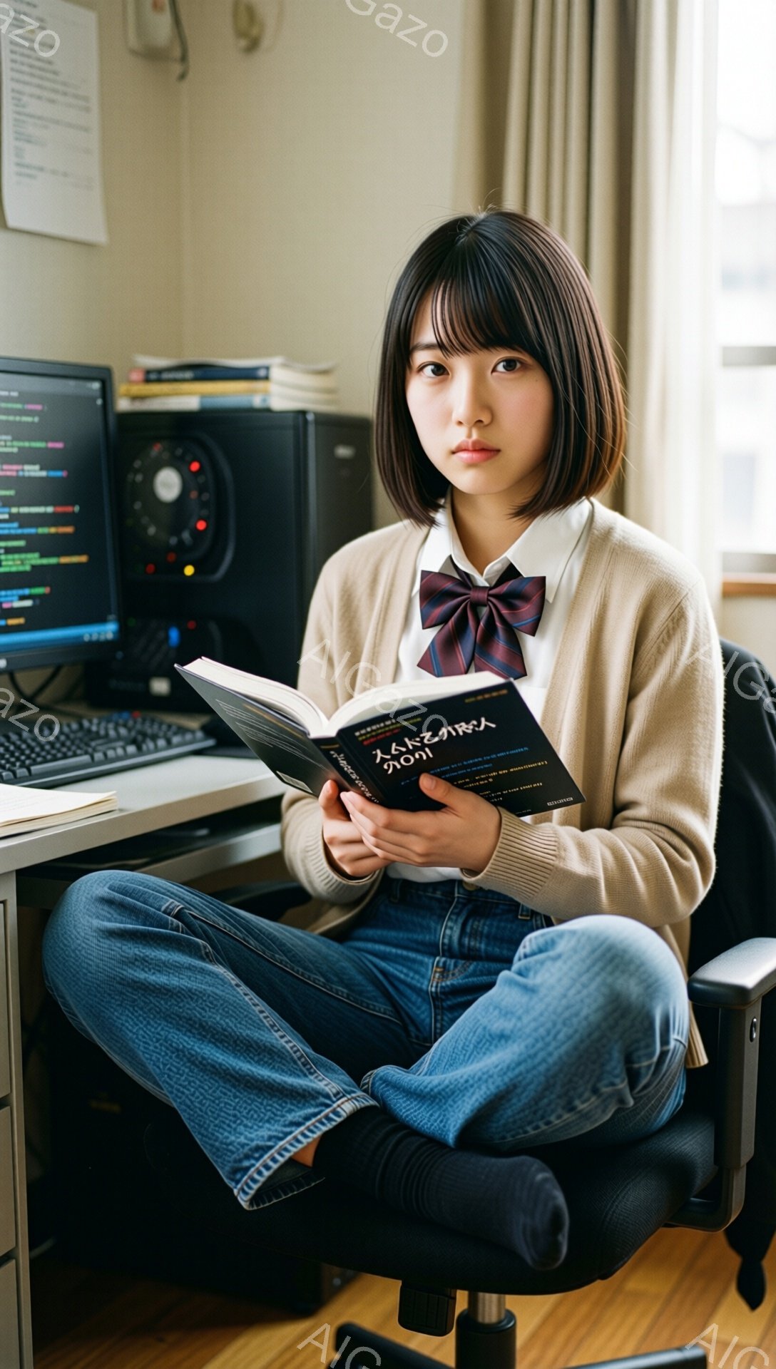 若い女性がオフィスチェアに座り、膝の上で本を開いています。彼女はベージュのセーター、チェックのネクタイ、濃い色のジーンズを着ており、黒い靴下を履いています。背後にはコンピューターモニター、キーボード、本棚が見え、勉強や仕事をしている室内であることがわかります。