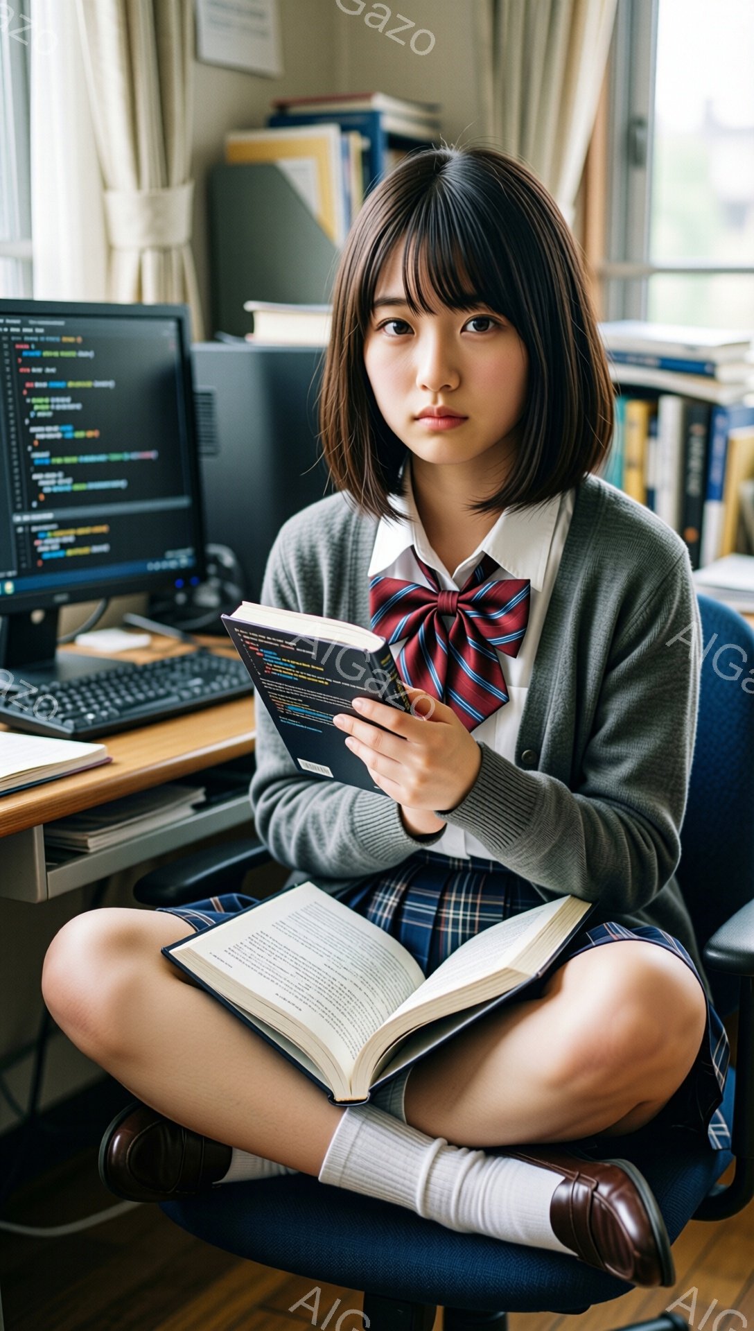制服を着た若い女性が椅子に座り、膝の上に開いた本を載せています。彼女は紺色のカーディガン、チェックのスカート、白いソックス、革靴を着用しており、短い茶色の髪は前髪で覆われています。背後にはコンピューターモニターと本棚があり、室内は勉強室のような雰囲気です。