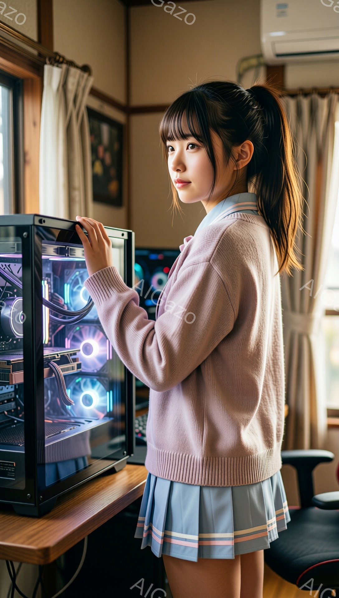 茶髪の長い髪をポニーテールにした若い女性が、光るゲーミングPCの横に立っている。ピンク色のカーディガンと水色のプリーツスカートを着用し、少し微笑んだ表情でPCを眺めている。背景には木製の机、ゲーミングチェア、そしてカーテンがかかった窓が見え、部屋全体が温かく、落ち着いた雰囲気である。