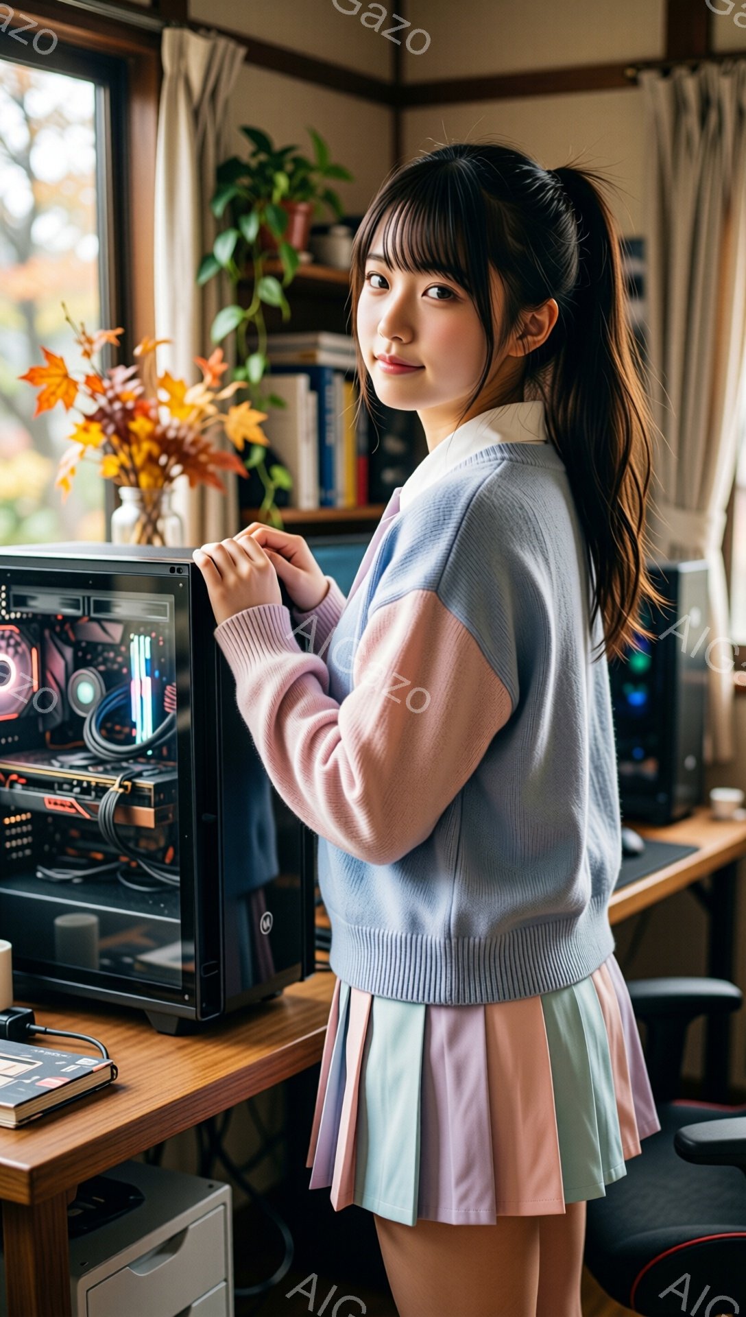 長い黒髪をポニーテールにした若い女性が、自作PCの前に立っています。パステルカラーのセーターとプリーツスカートを身に着け、少し微笑んでいます。背景には本棚や植物が見え、部屋は明るく、温かい雰囲気です。