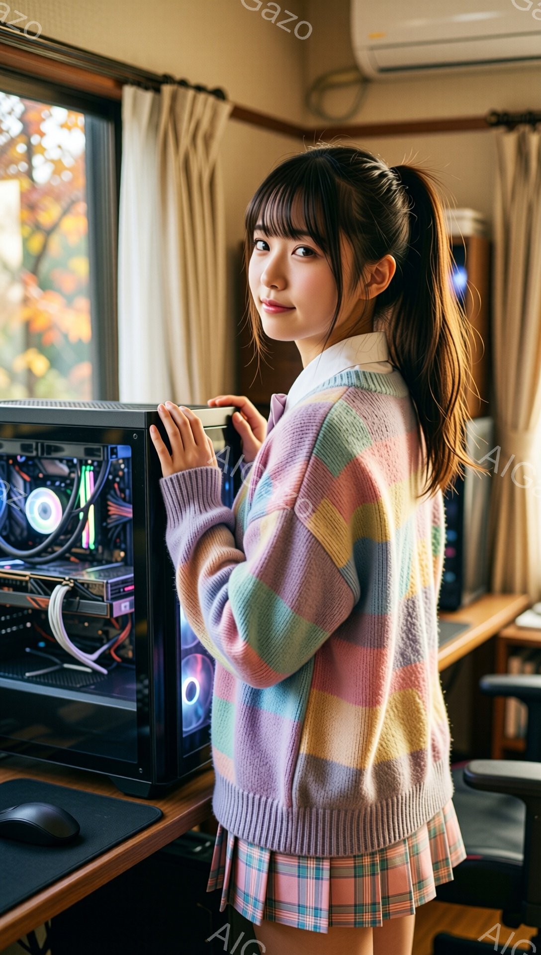 若い女性が自作PCの前に立っており、紫とピンクと緑のチェック柄のセーターとスカートを着用しています。彼女は長い髪をポニーテールにしており、少し微笑み、リラックスした表情をしています。背景には木々の葉が秋の色に染まった窓と、勉強机、そしてエアコンが見え、部屋全体が温かく明るい雰囲気です。