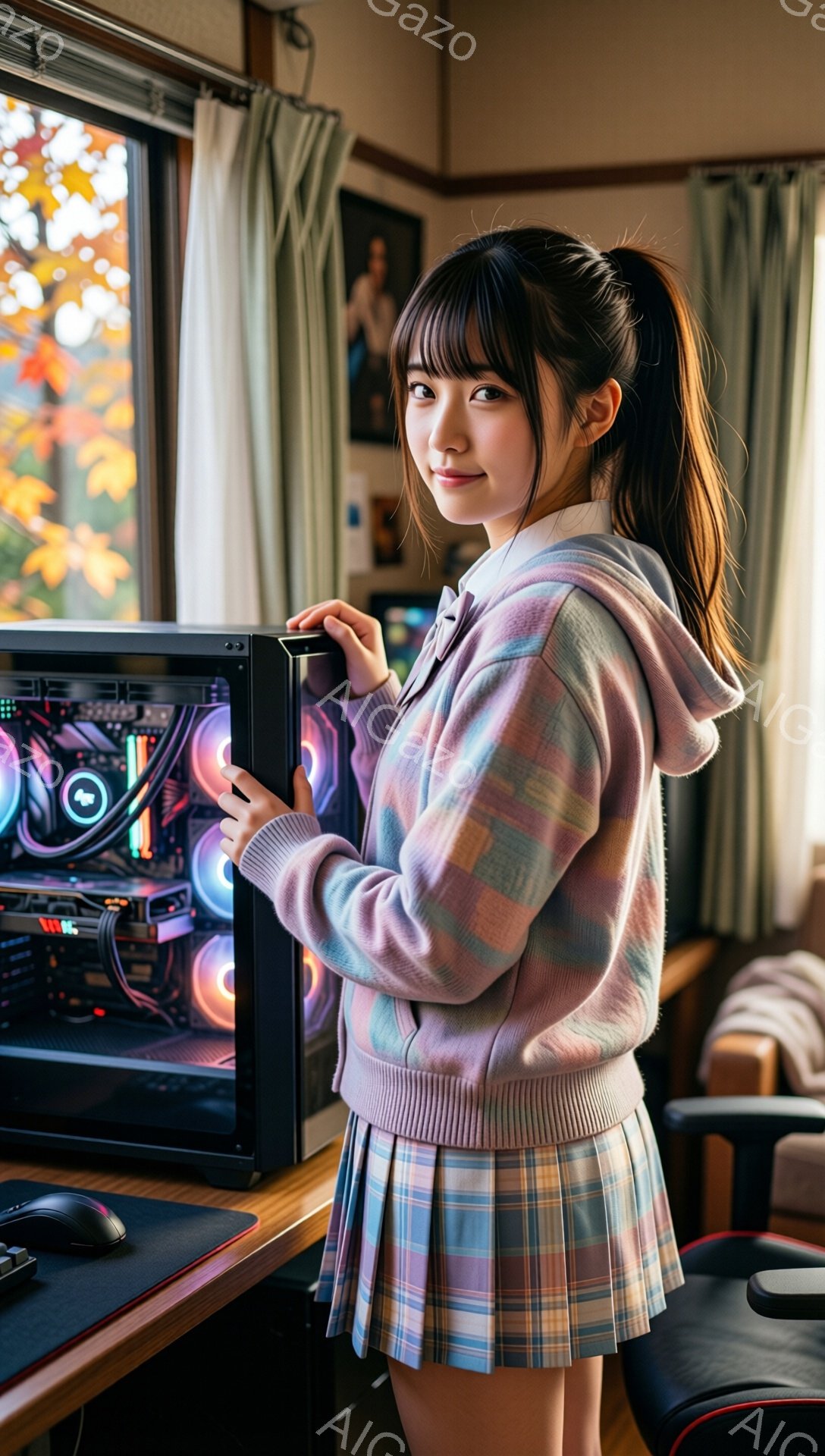 明るい茶髪の女性が、自作のゲーミングPCの横に立って微笑んでいます。ピンクと紫のグラデーションのパーカーと、チェック柄のプリーツスカートを着用し、可愛らしい印象です。窓の外には紅葉が美しく、部屋は暖かく落ち着いた雰囲気です。