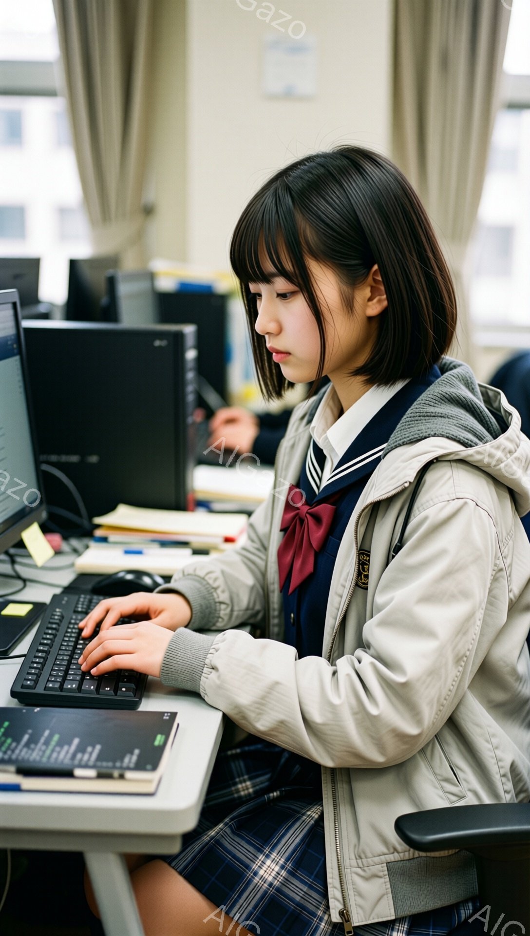 画像には、制服を着た若い女性がコンピューターに向かってタイピングしている様子が写っています。彼女は短い黒髪で、前髪が目にかかるようにカットされています。落ち着いた表情で、集中してキーボードを見つめています。