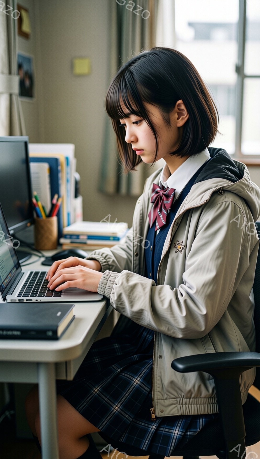 制服を着た若い女性が、部屋の中でノートパソコンを操作している。彼女はショートヘアで、少し眉間にしわを寄せ、集中してキーボードを見つめている。背景には本棚や文房具が置かれ、学習に集中している様子が伺える、落ち着いた雰囲気の室内だ。