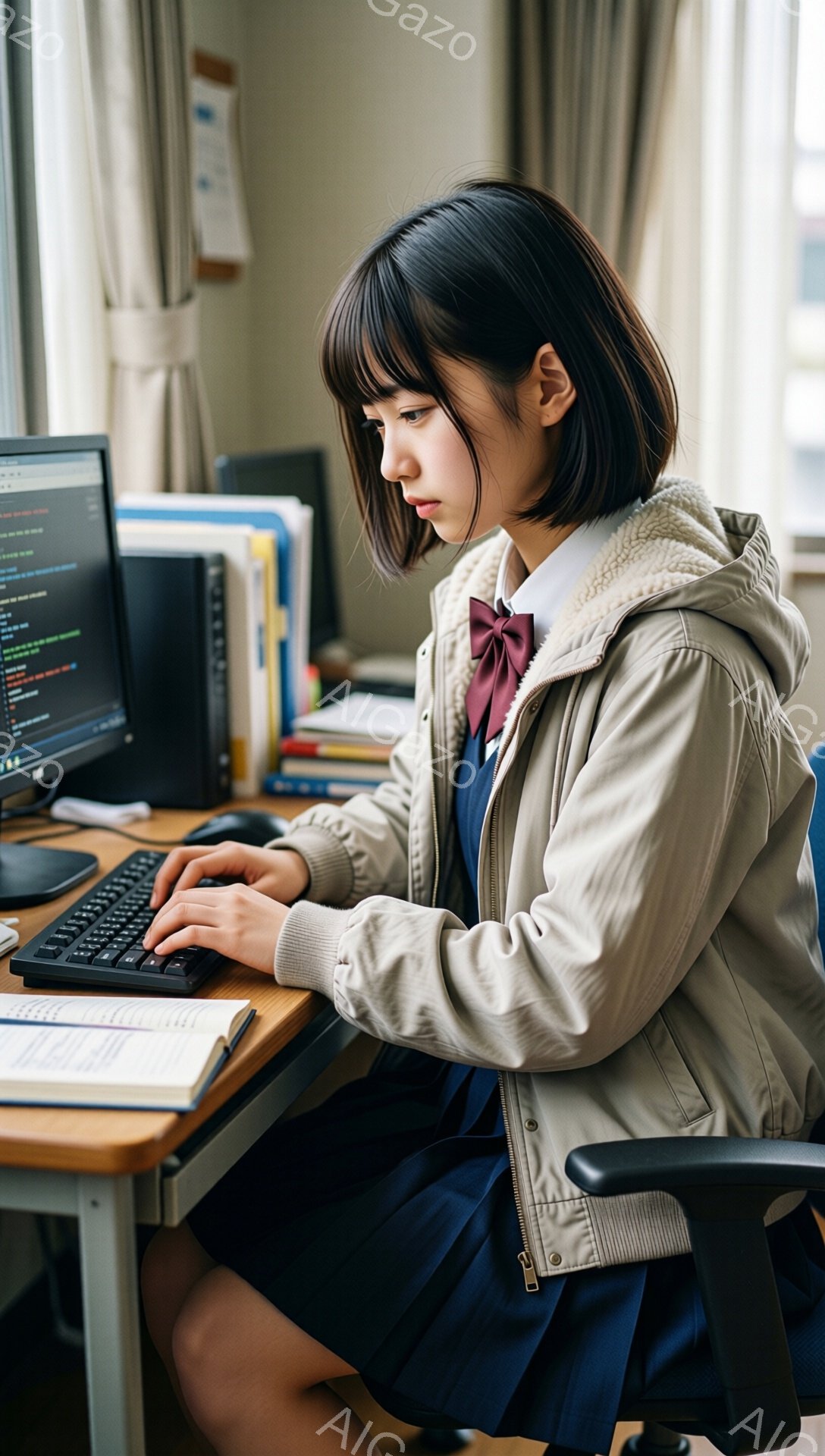 画像には、制服を着た若い女性が描かれています。彼女はベージュのジャケットと濃い青色のスカートを着ており、茶色のリボンが首に結ばれています。彼女はコンピューターに向かってキーボードを操作しており、集中した表情で画面を見つめています。