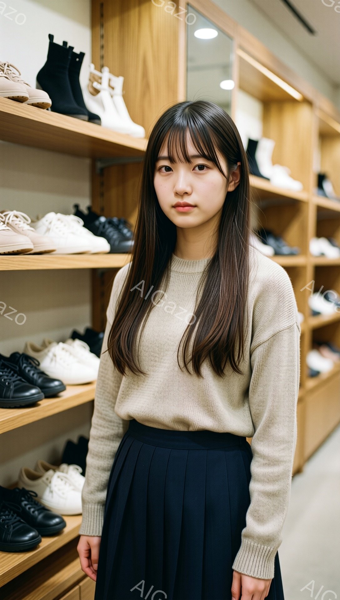 長い黒髪で前髪を作った若い女性が、ベージュのセーターとプリーツスカートを身につけて立っている。彼女は落ち着いた表情で、背景には靴が並んだ棚が確認できる。全体的に、穏やかで洗練された雰囲気の写真である。