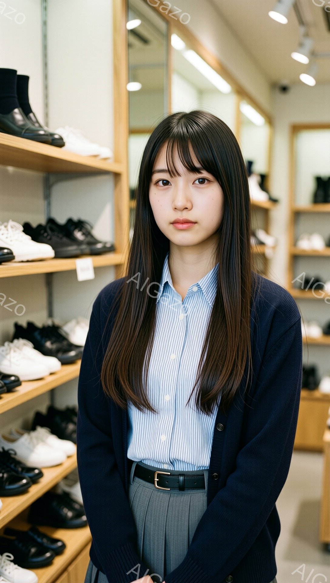 画像は、ストライプのシャツに紺色のカーディガン、グレーのパンツを着用した若い女性が写っています。彼女は黒いベルトを締めており、長くストレートの黒髪は肩にかかっています。背景には靴が並んだ棚があり、お店の中である様子が伺えます。