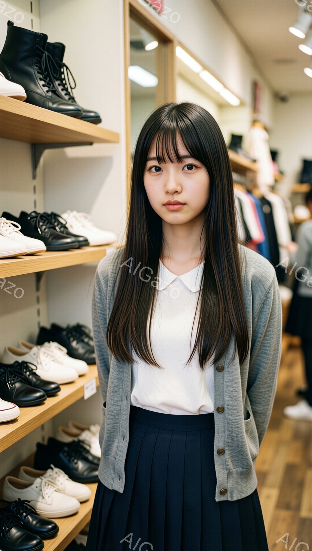 長い黒髪で前髪が目の上まで伸びた若い女性が写っている。白いブラウスにグレーのカーディガン、黒いプリーツスカートを着用し、少し無表情でカメラを見つめている。背景には靴が並んだ棚があり、店内のような雰囲気で、明るい照明が照らされている。