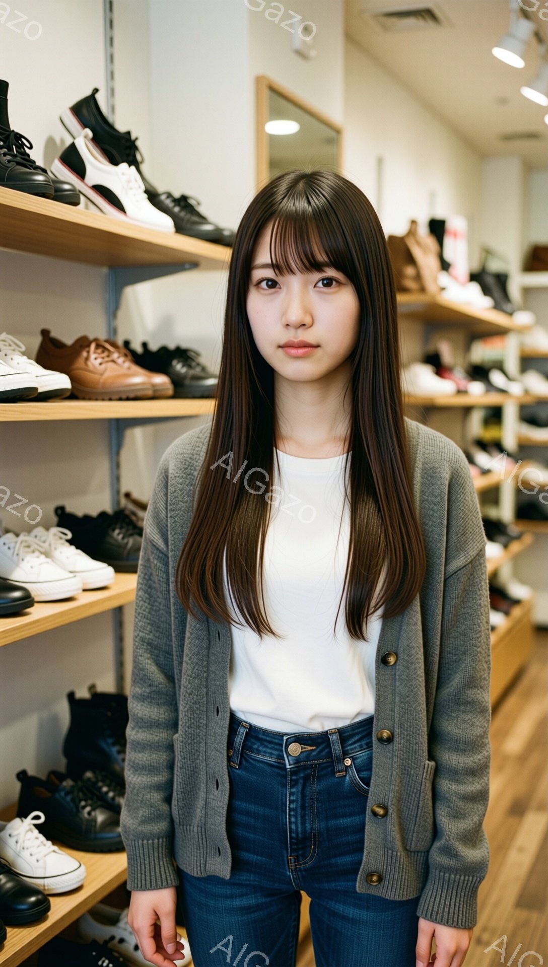 長い茶髪の女性が、白いTシャツと灰色のカーディガン、濃い色のジーンズを着て立っています。彼女はまっすぐな前髪を持ち、表情は穏やかで、少し微笑んでいるように見えます。背景には靴が並んだ棚があり、お店の中の様子であることがわかります。