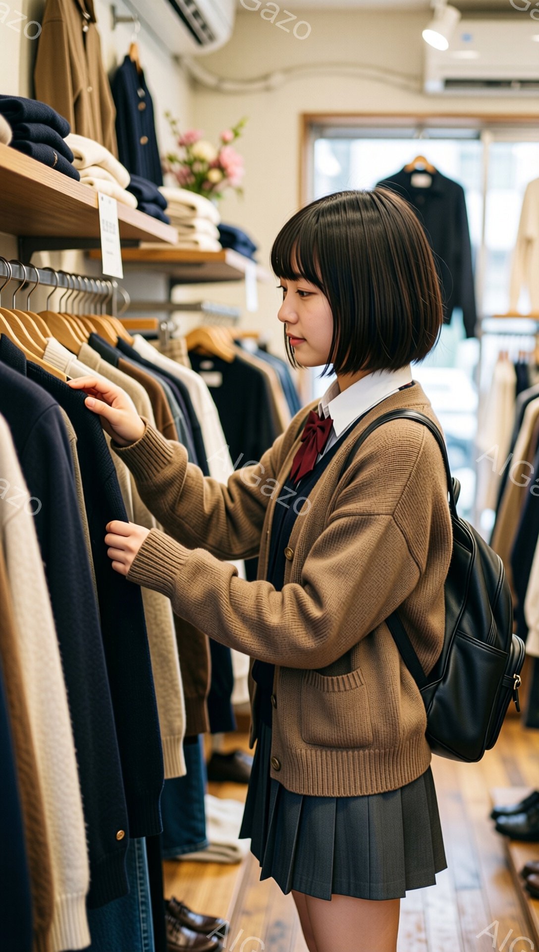 画像には、茶色のカーディガン、白いシャツ、グレーのプリーツスカートを着用した若い女性が写っています。彼女は店舗のハンガーにかかった服を調べており、少し前かがみの姿勢で集中した表情をしています。背景には、様々な色のニットウェアが並んだ棚と、わずかに見える店内の様子が見えます。