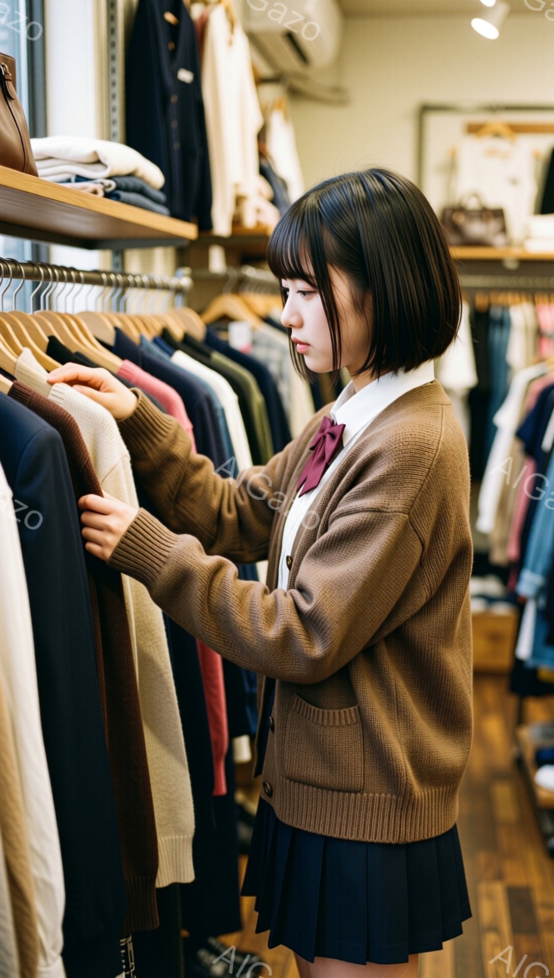 茶髪のボブヘアの女性が、服屋で洋服を選んでいる。ベージュのカーディガンに白いシャツ、紺色のプリーツスカートを着用し、首には赤いリボンタイを締めている。背景には様々な色の服が並んだ棚があり、店内は明るく、ショッピングを楽しんでいる雰囲気が伝わる。