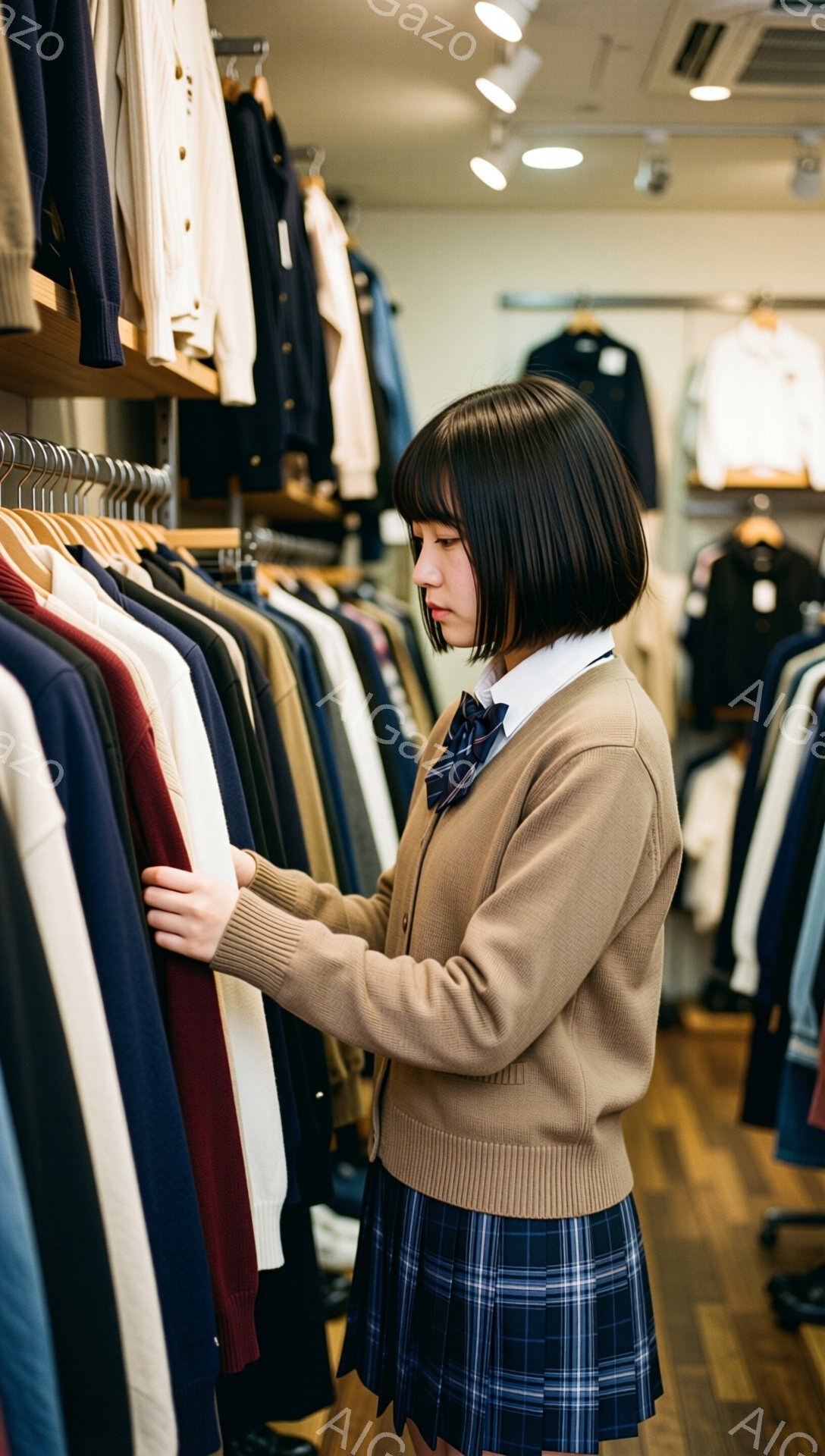 茶髪のボブヘアの女性が、紺色の制服スカートとベージュのカーディガンを着て、お店のハンガーにかかった洋服を選んでいます。彼女は少し前かがみになり、赤い洋服を手に取って確認するような仕草をしています。背景には様々な色の制服が並び、木製の床が暖かく、お店の中の明るい雰囲気が伝わってきます。