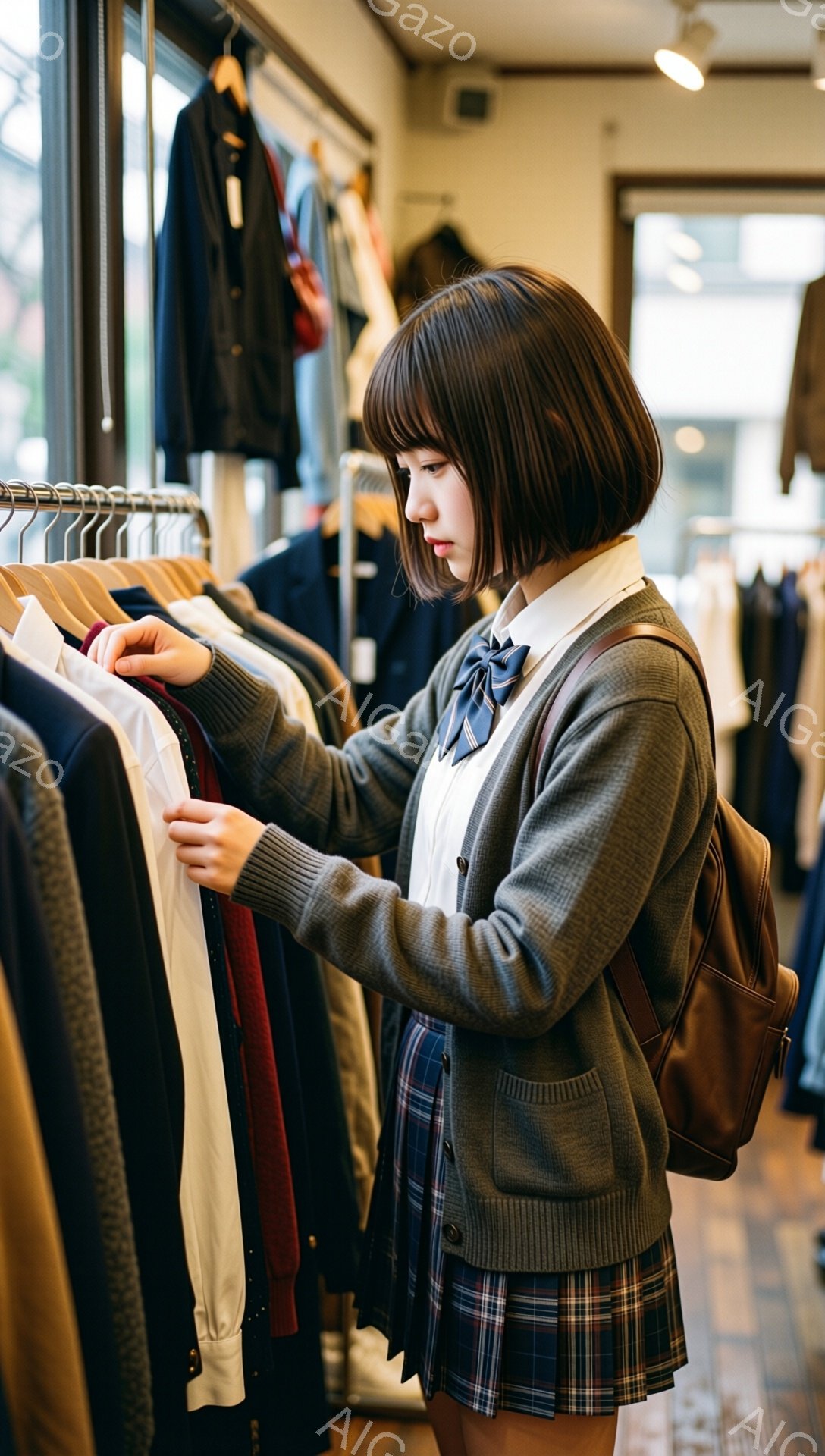 若い女性が服をチェックしている写真です。彼女はグレーのカーディガン、白いシャツ、チェックのスカートを着ており、茶色のリュックサックを背負っています。背景には服が並んだラックがあり、お店の内部である事がわかります。