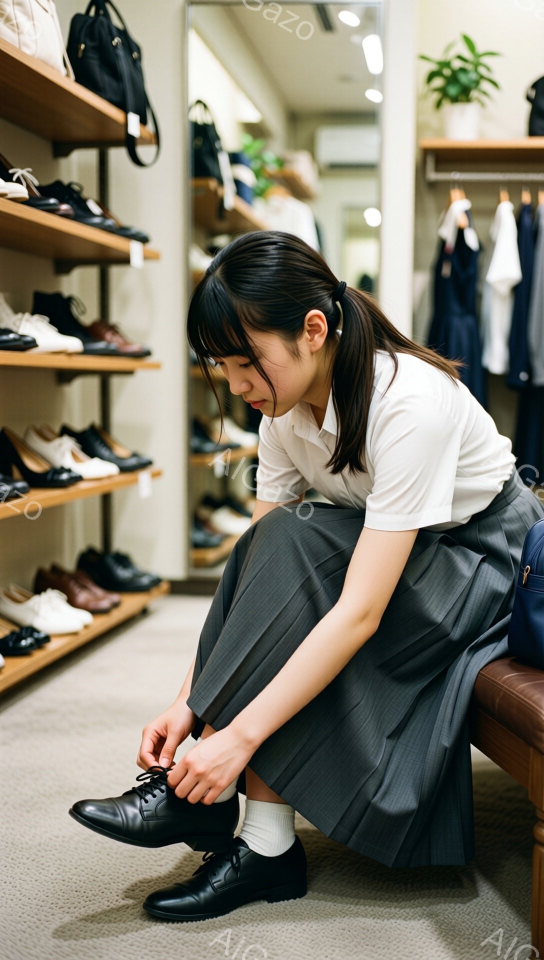 白いブラウスとグレーのプリーツスカートを身に着けた若い女性が、茶色のベンチに座って靴紐を結んでいます。彼女は黒い革靴を履いており、髪は後ろでポニーテールに結ばれています。背景には靴が並んだ棚があり、お店の中の様子であることがわかります。