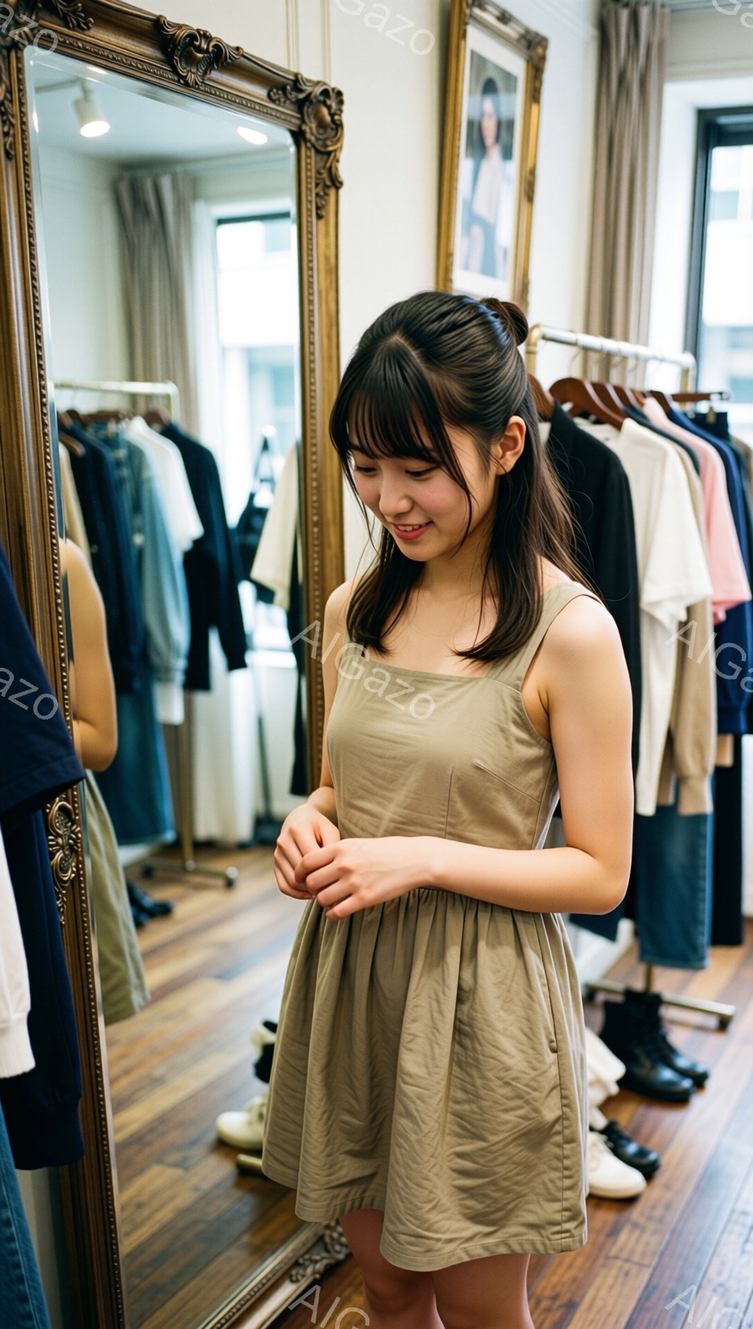 若い女性がベージュ色のキャミソールワンピースを試着し、鏡の前で微笑んでいます。彼女は長いダークブラウンの髪を肩にかけ、わずかに前かがみの姿勢でワンピースの裾を少し引き上げています。背景には洋服が並んだラックと、大きな窓から差し込む自然光が見え、フィッティングルームの温かく親しみやすい雰囲気を醸し出しています。