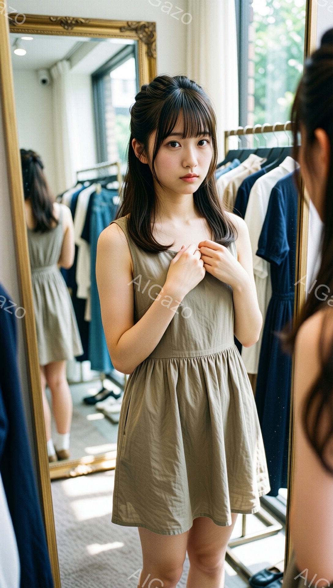 若い女性がベージュ色のワンピースを着て鏡の前で立っています。彼女は手を胸の前で組み、少し不安げな表情で下を見つめています。背景には洋服が並んだラックがあり、店内は明るく、暖かな雰囲気です。