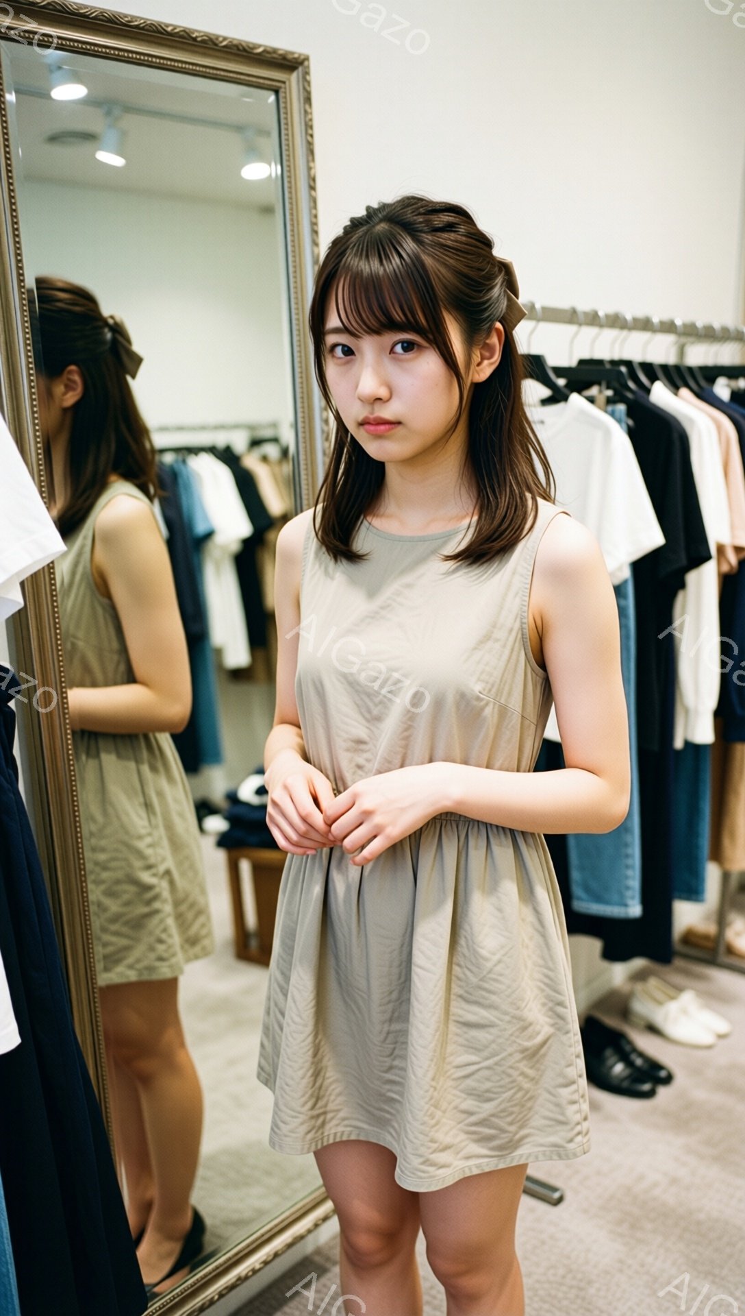 若い女性がベージュ色のノースリーブワンピースを着用し、鏡の前でポーズをとっています。彼女は軽く微笑んでおり、前髪を少しふりわけた肩までの長さの黒髪が印象的です。背景には、ハンガーに吊るされた服や、洋服店の内装が見え、落ち着いた雰囲気です。