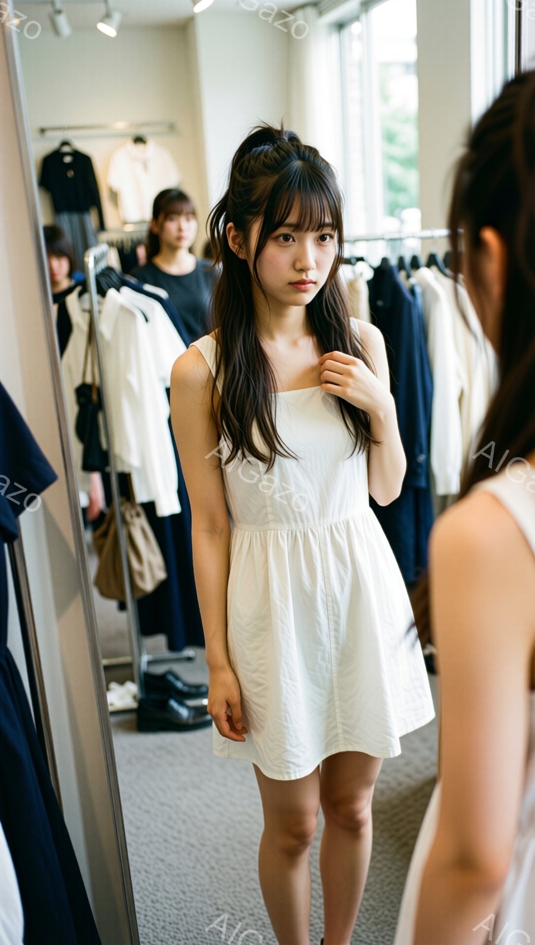 白いワンピースを着た若い女性が、鏡の前でポーズをとっています。彼女は肩を少し丸めて、ワンピースの胸元を軽く押さえるような仕草をしています。背景には洋服が並んだ店内の様子が見え、明るい照明が差し込んでおり、全体的に柔らかい雰囲気が漂っています。