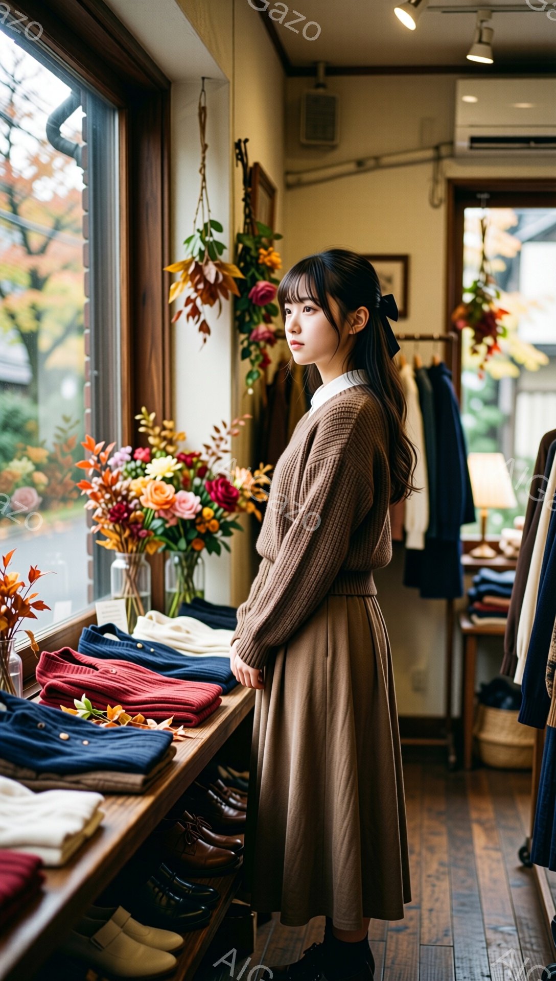 茶色いセーターとスカートを身に着けた若い女性が、店内で横を向いて立っている。彼女は黒髪で、前髪を少しカールさせており、後ろでリボンで結んでいる。背景には、花が飾られた窓、整然と並べられた衣類、木製の床が見え、全体的に温かく落ち着いた雰囲気が漂っている。