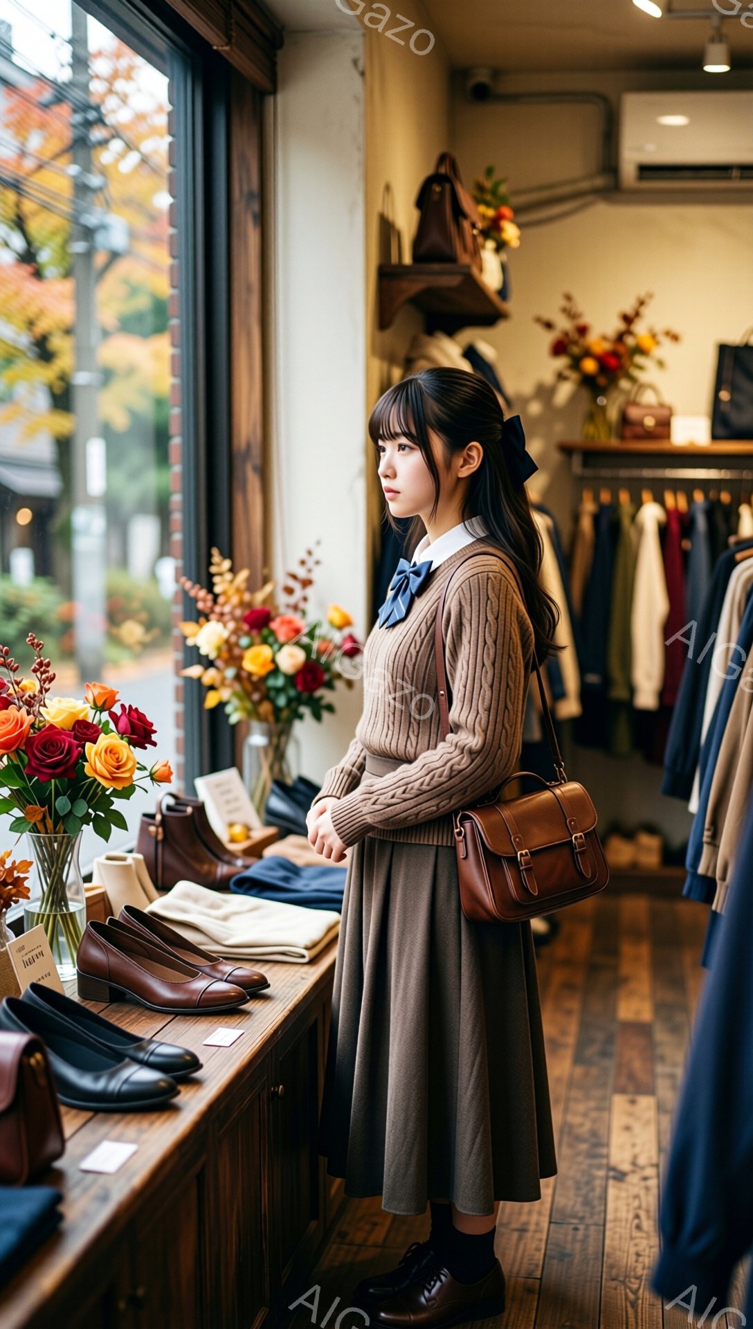 画像には、茶色のニットセーターとスカートを着た若い女性が写っています。彼女は肩に茶色のショルダーバッグをかけ、首にネイビーブルーのリボンを結び、控えめな微笑みを浮かべています。背景には、花、靴、服が並んだ店内の様子が見え、温かく、落ち着いた雰囲気です。