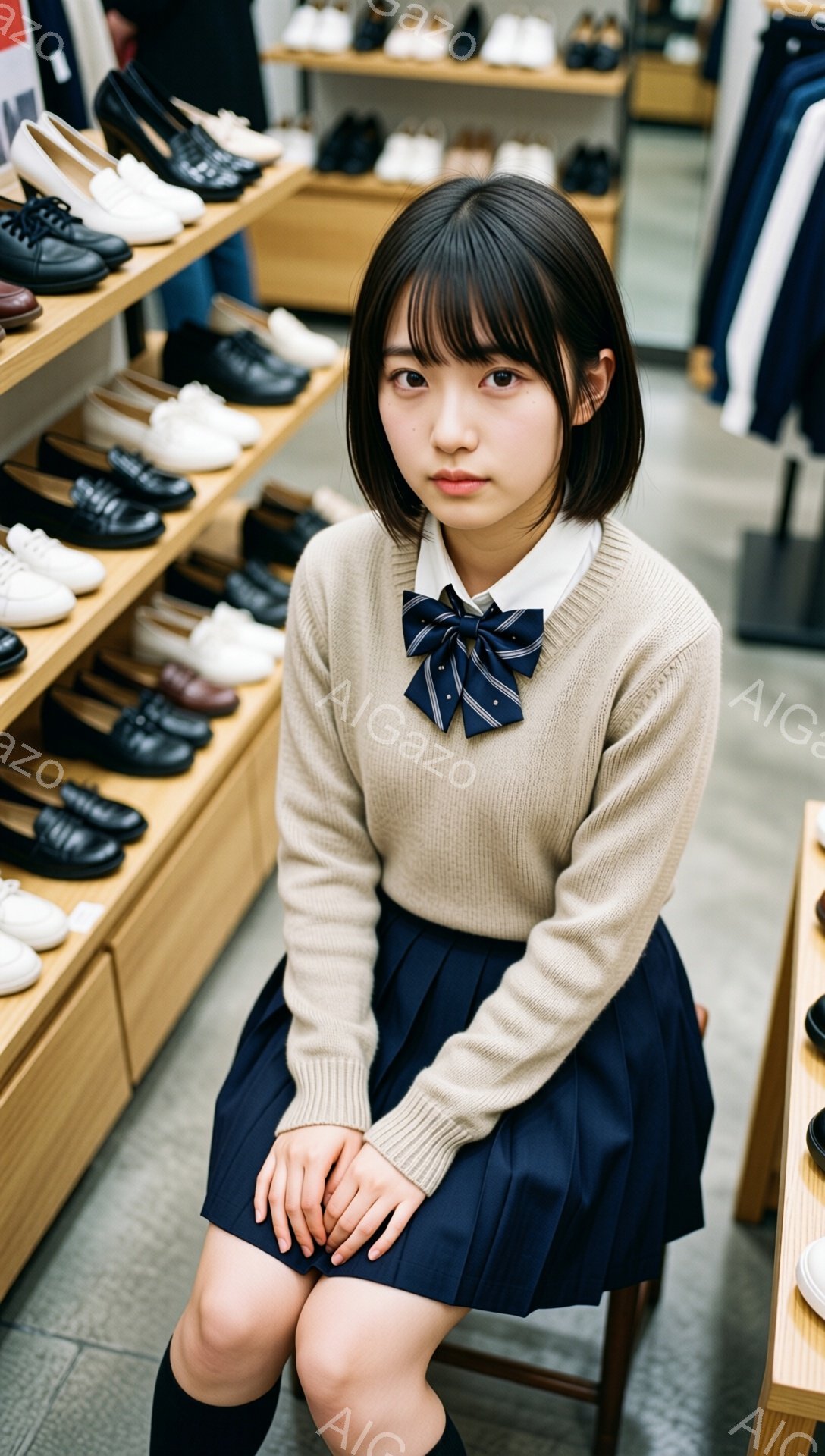 画像には、ベージュのセーターと青いプリーツスカート、そしてリボン付きの白いシャツを着た若い女性が写っています。彼女は椅子に座って、少し緊張した表情でカメラを見ており、黒い髪は肩の長さで、前髪があります。背景には靴が並んだ棚があり、お店の中の様子であることがわかります。