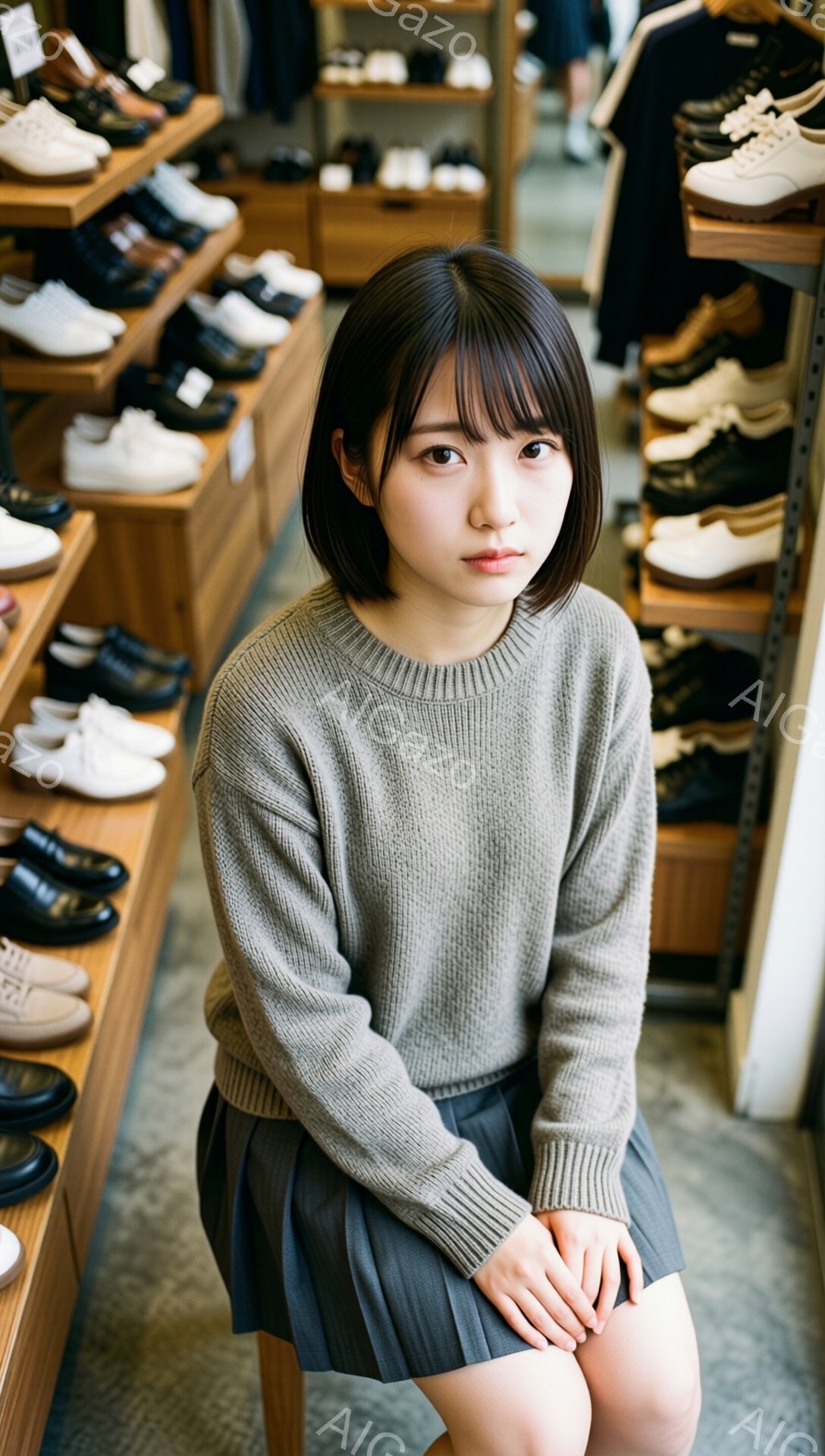 画像には、明るい店内のような場所で、短い黒髪の女性が座っています。彼女はベージュのざっくりとしたニットセーターと黒いプリーツスカートを身につけ、少し物憂げな表情でカメラを見ています。背景には靴が並んだ棚があり、カジュアルで落ち着いた雰囲気が漂っています。
