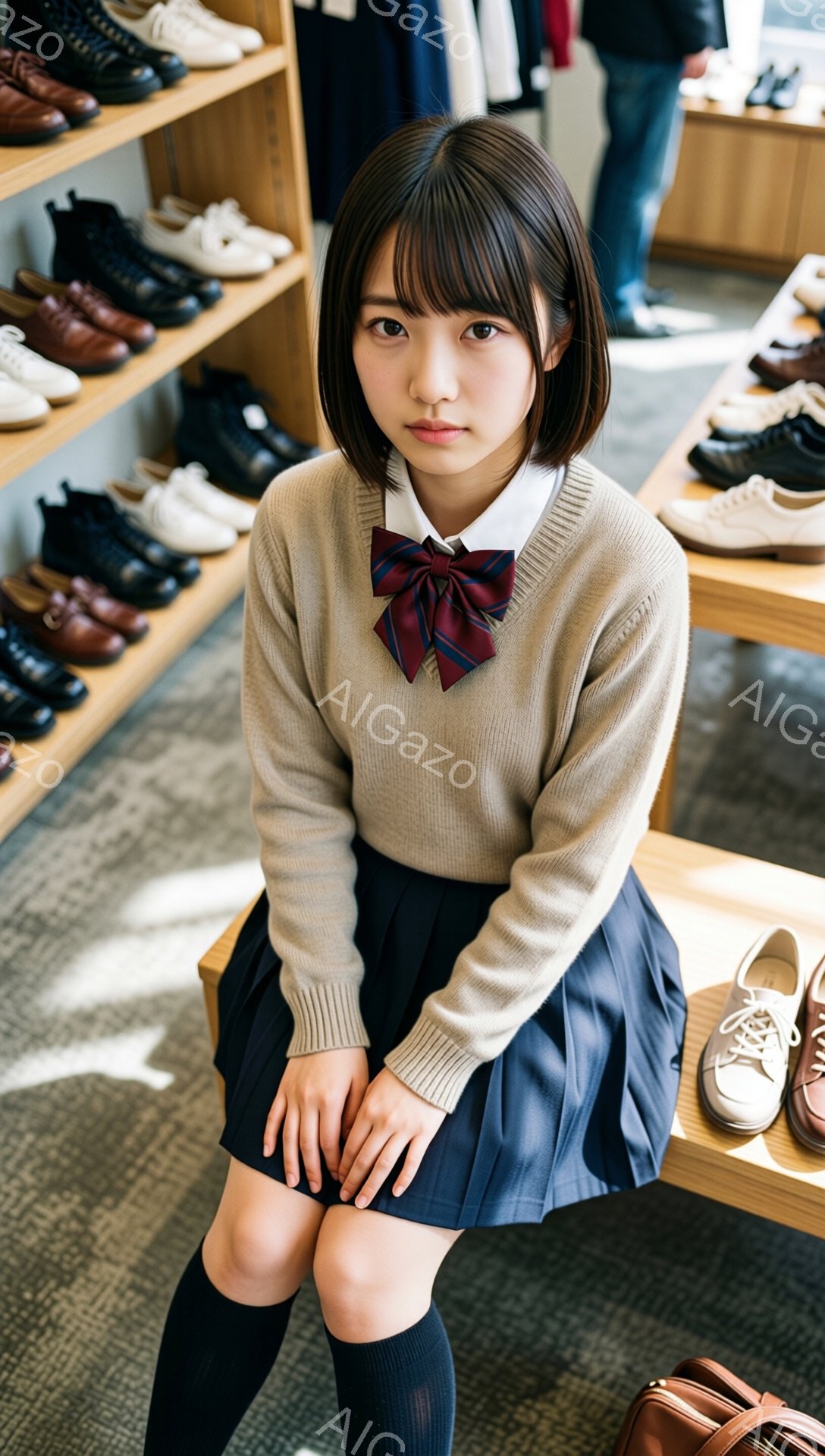 画像には、制服を着た若い女性が写っています。彼女はベージュ色のセーターに、濃い青色のプリーツスカート、黒い靴下を履いています。彼女は椅子に座り、少し微笑み、落ち着いた表情でカメラを見つめています。