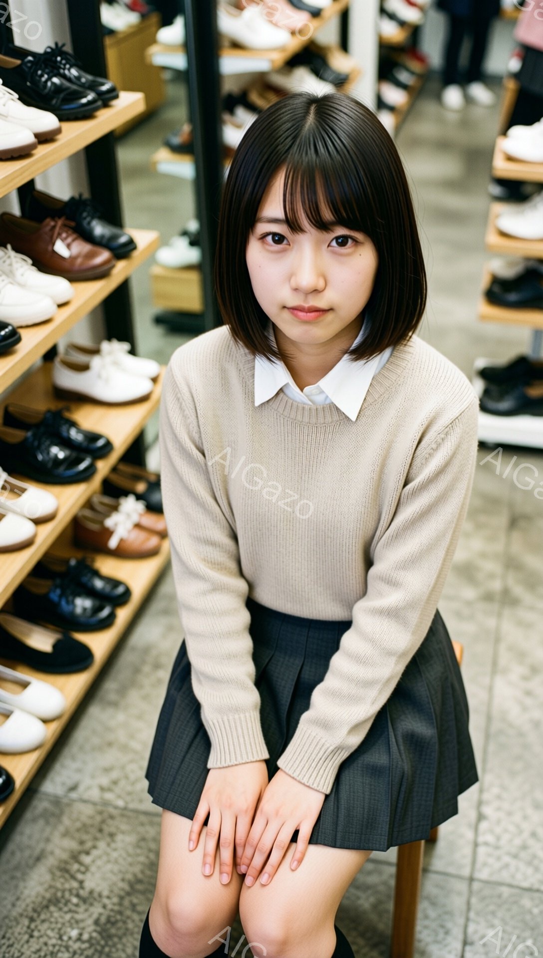 明るい茶色のセーターに白いシャツ、プリーツの黒いスカートを着用した若い女性が写っている。彼女は椅子に座って両手を膝の上に置き、少し微笑んでいる。背景には靴が並んだ棚があり、室内で撮影された様子で、整頓されたお店の雰囲気である。