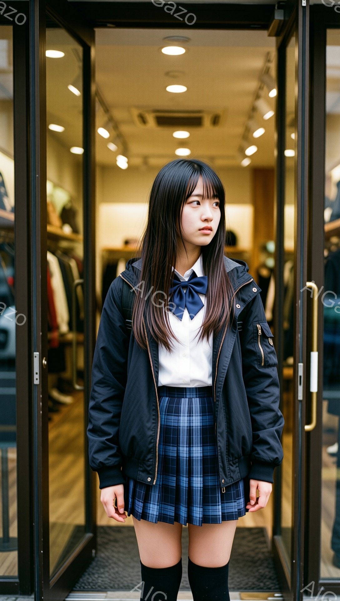長い黒髪に前髪ぱっつんの女性が、白いシャツにネイビーのネクタイ、チェック柄のプリーツスカート、黒いニーハイソックスを着用し、黒いジャケットを羽織っています。少し憂いを帯びた表情で、わずかに横を向き、片手を軽く握り締めています。背景はガラス張りの店の入り口で、店内に商品が並んでいる様子が見え、全体的に少し寂しげで内省的な雰囲気が漂っています。