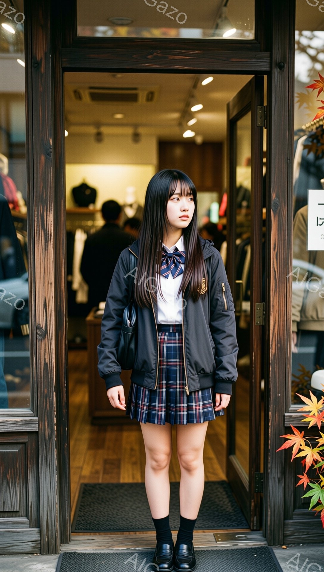 この画像は、制服を着た若い女性が写っています。彼女は、白いシャツにネクタイ、青と紫のチェック柄のスカート、黒いジャケット、黒い靴下と靴を身に着けており、少し憂いのある表情で正面を見据えています。背景には、入り口のそばに秋の葉の装飾が施された店の内部が見え、全体的に落ち着いた雰囲気です。