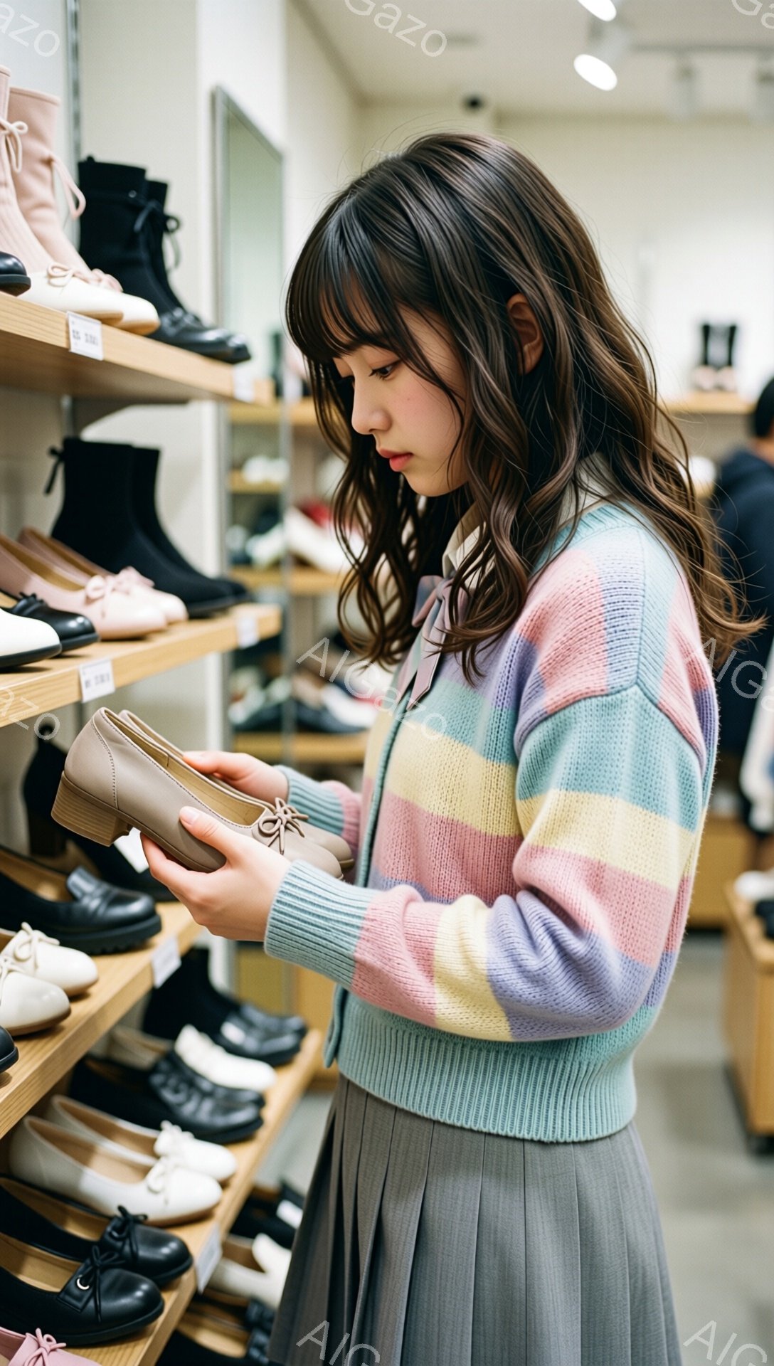 若い女性が靴店でベージュ色のバレエシューズを見ている。彼女はパステルカラーのストライプのセーターとグレーのプリーツスカートを身に着けており、前髪を下ろしたロングヘアは肩にかかっている。背景には様々な靴が並べられ、店内の明るい照明が彼女を照らしている。