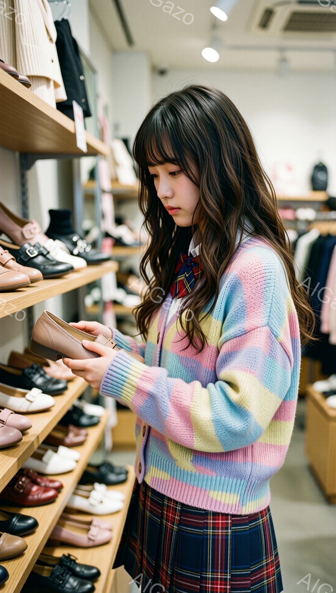 長いダークブラウンの髪をした若い女性が、靴の棚の前でベージュ色のローファーを手に持っています。彼女はパステルカラーのブロック柄のカーディガンとチェック柄のスカートを着ており、表情は真剣で、靴を吟味している様子です。背景には、様々な色の靴が並んだ棚が複数あり、明るい店内であることがわかります。