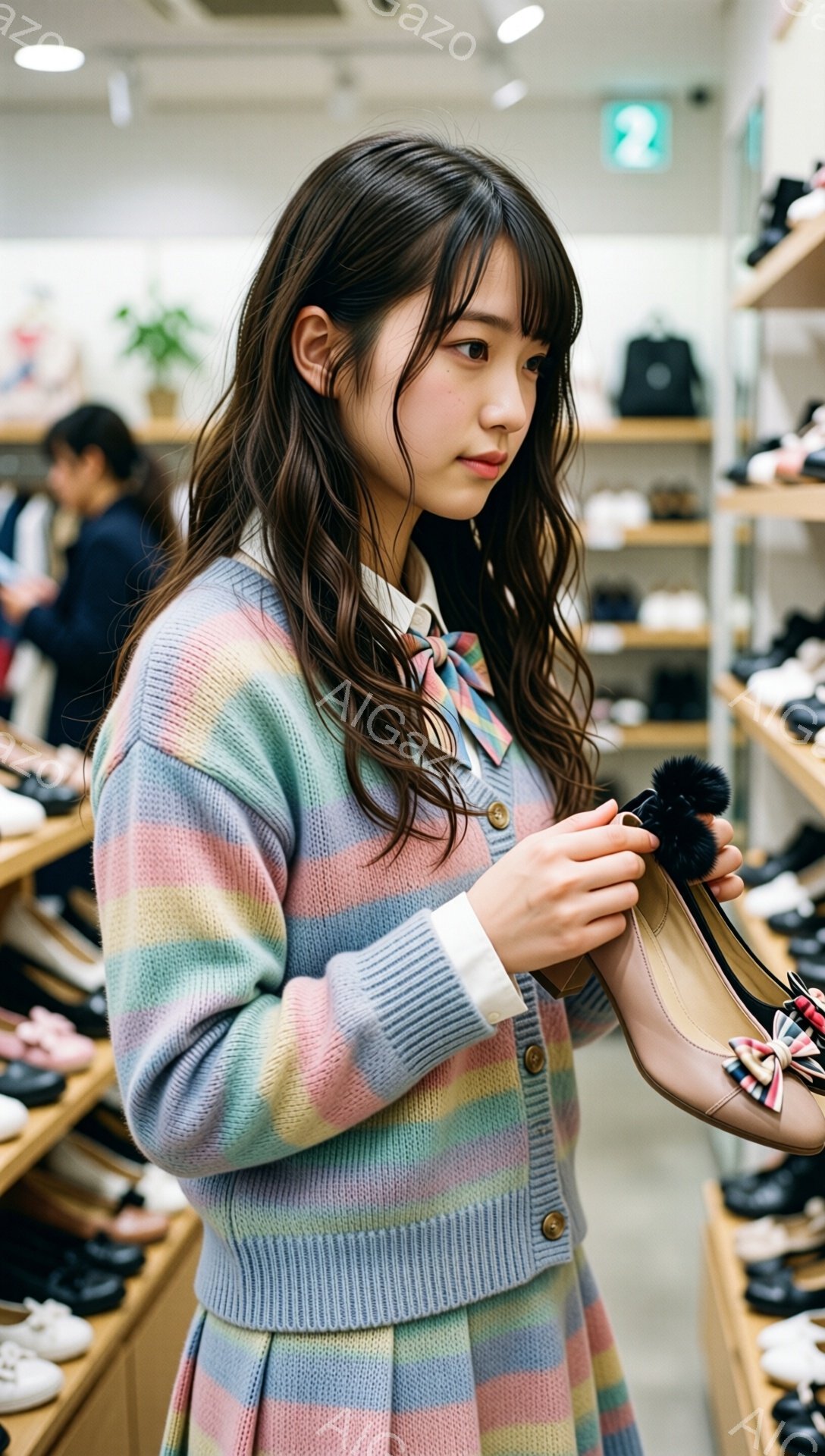 若い女性が、パステルカラーのストライプのカーディガンとスカートを身に着け、クリーム色のブラウスにネクタイを締めています。彼女は左手にベージュ色の靴を持ち、つま先部分に黒いポンポンがついているのが特徴です。背景には、様々な靴が並べられた棚があり、明るく活気のある雰囲気の靴店内にいる様子がうかがえます。