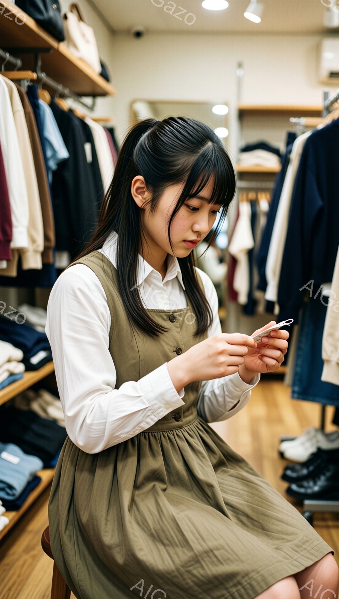 画像には、明るい茶色のオーバーオールに白い長袖シャツを着た若い女性が写っています。彼女は膝を曲げて座り、何かを熱心に調べているようにスマートフォンを見つめています。背景には服が並んだ棚があり、店内の様子であることがわかります。