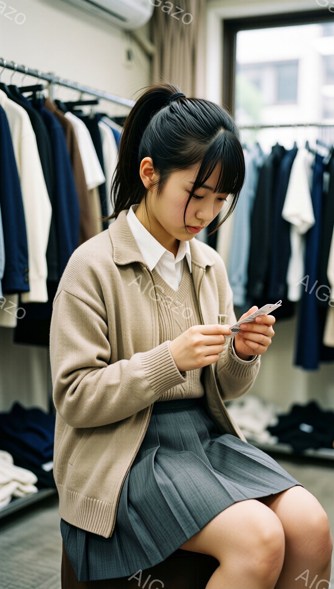 画像には、ベージュ色のカーディガンを羽織った女子高生が写っています。彼女はスカートに座り、スマートフォンを手に何かを確認している様子で、少し眉間にしわを寄せた真剣な表情をしています。背景にはハンガーに掛けられた制服が並び、試着室のような空間であることがわかります。