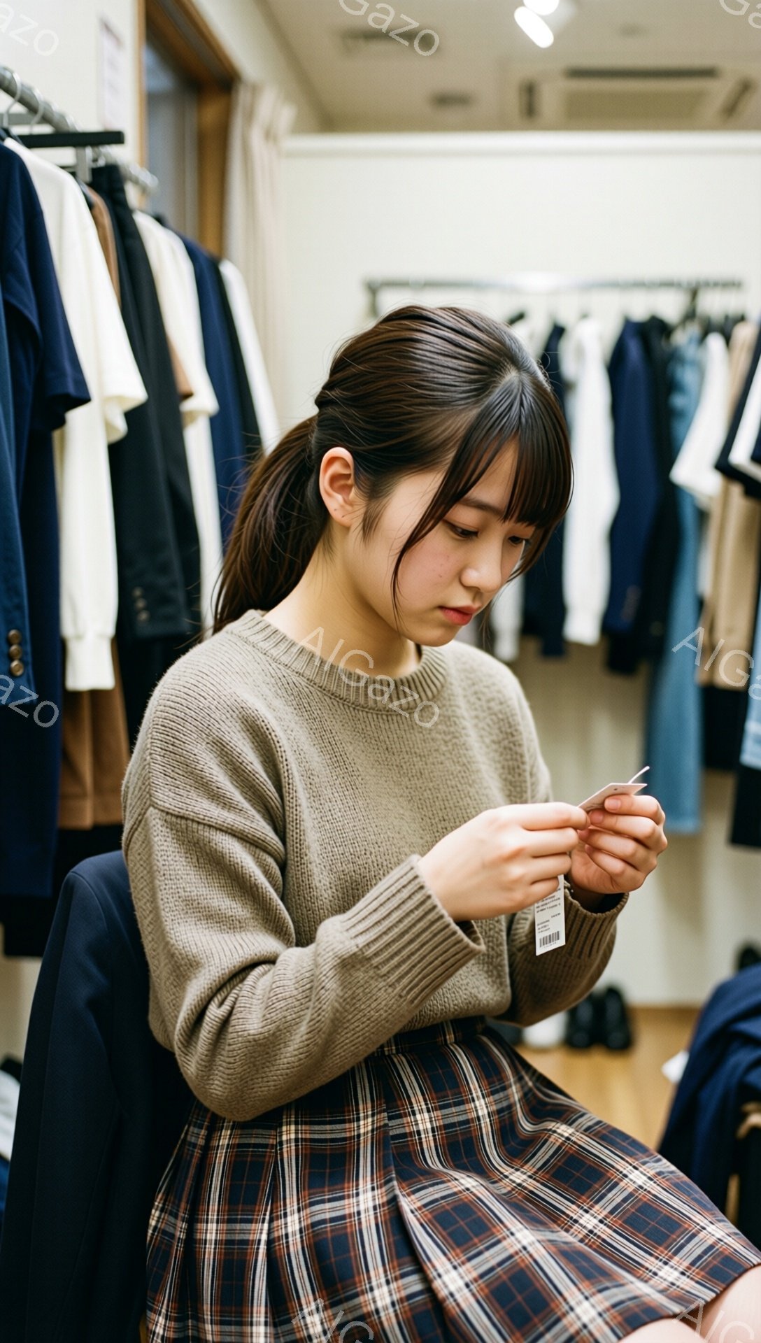 画像には、チェック柄のスカートとベージュのセーターを着た若い女性が写っています。彼女は、タグに付いた安全ピンをいじりながら、何かを確かめるように集中した表情をしています。背景には、様々な色の服が並んだ衣料品店が見え、落ち着いた雰囲気です。