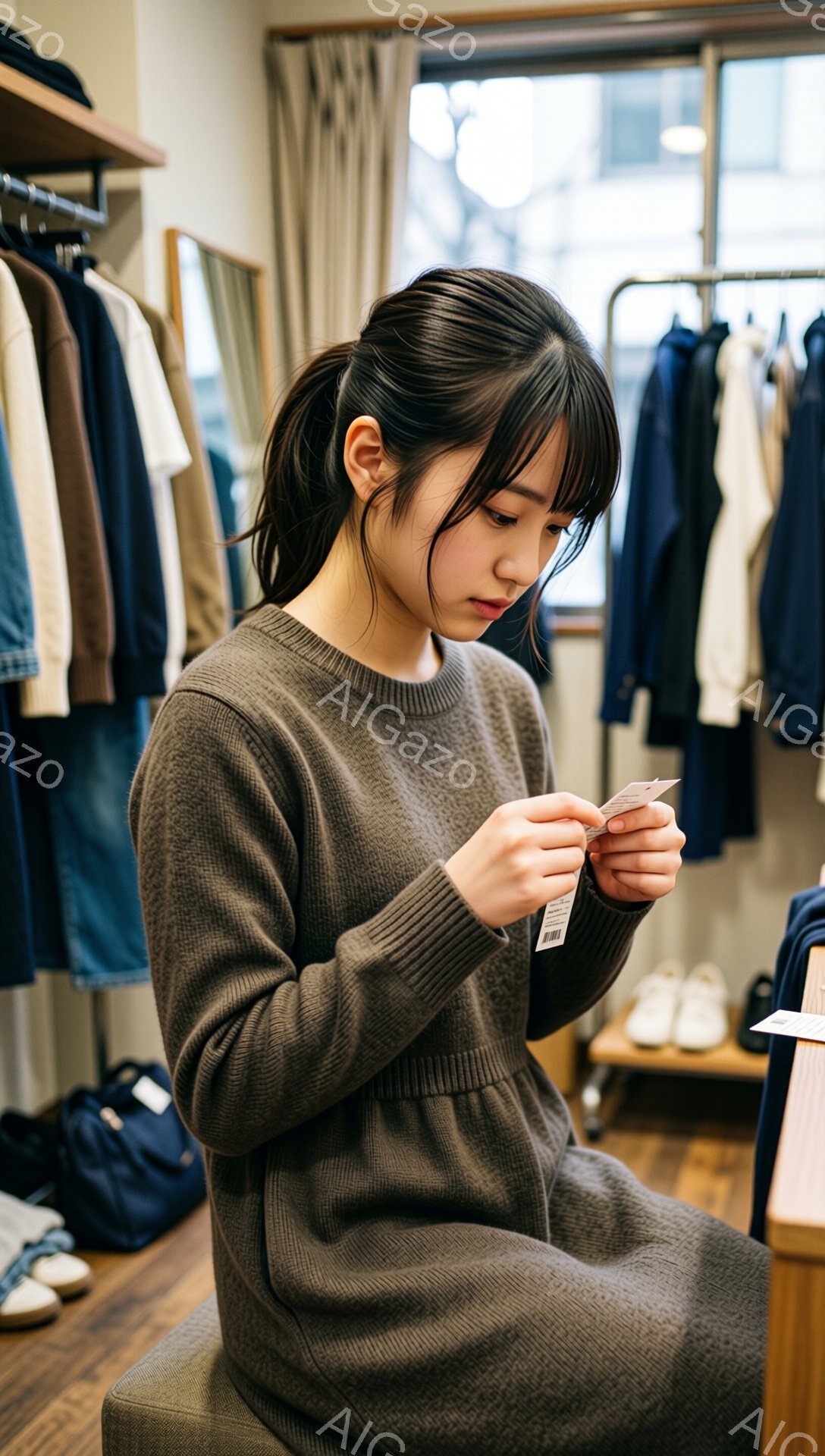 画像には、茶色のセーターを着た若い女性が写っています。彼女はタグを手に持ち、何かを確認しているようです。背景には洋服が並んだ棚があり、店内の様子であることがわかります。